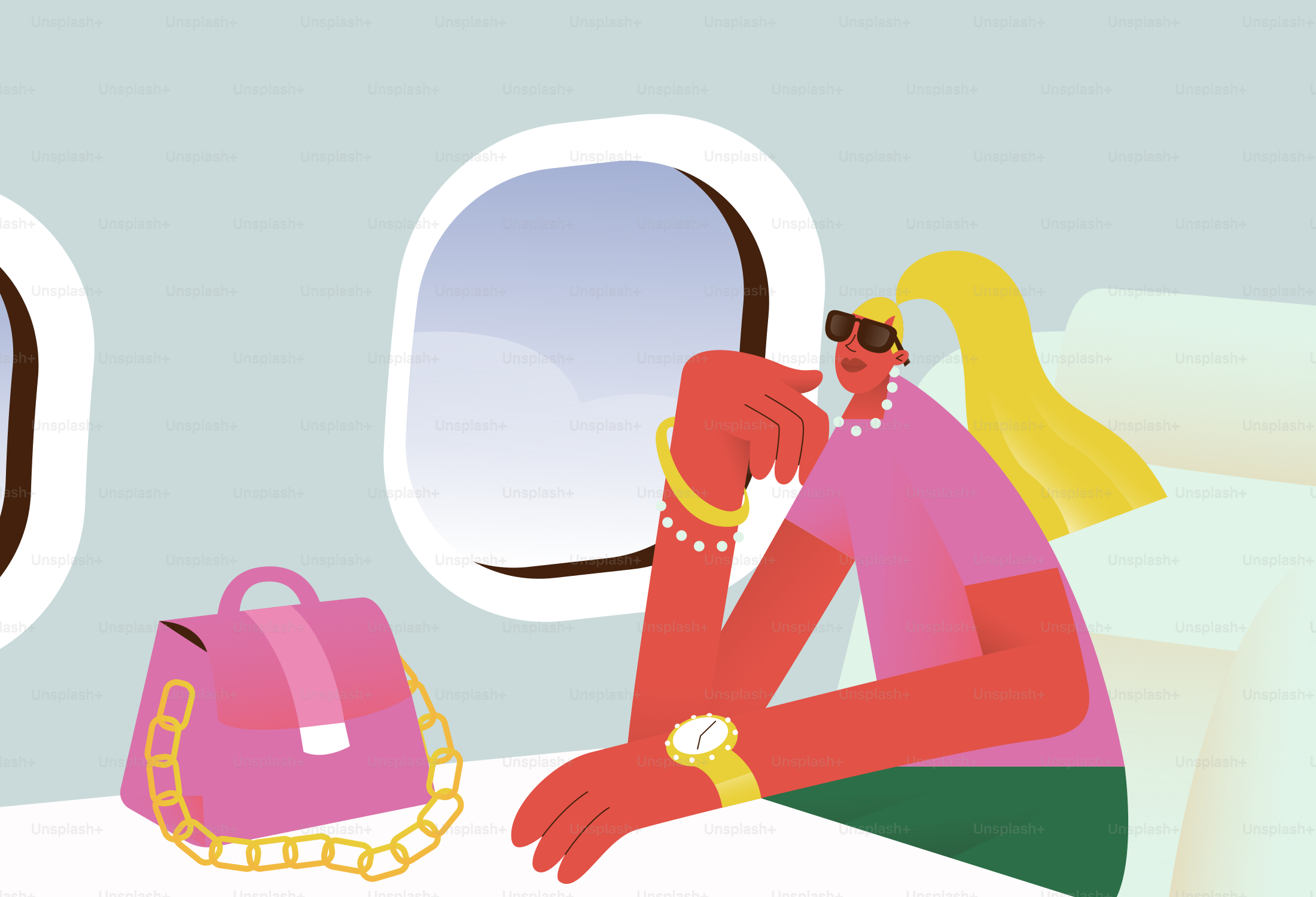 Woman with blonde hair on airplane looking out window.