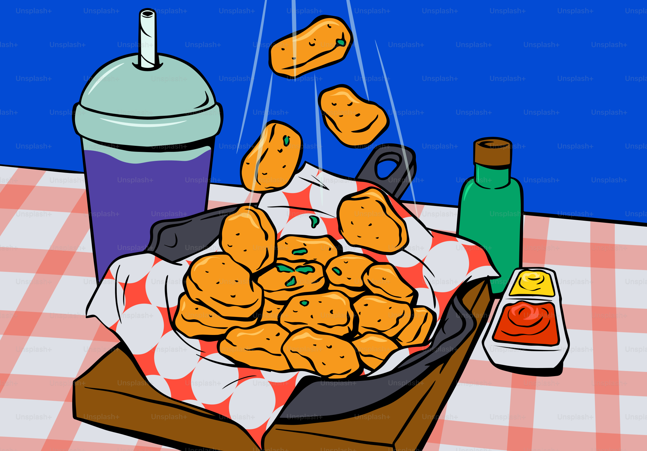 Chicken nuggets falling into a basket with dipping sauces.