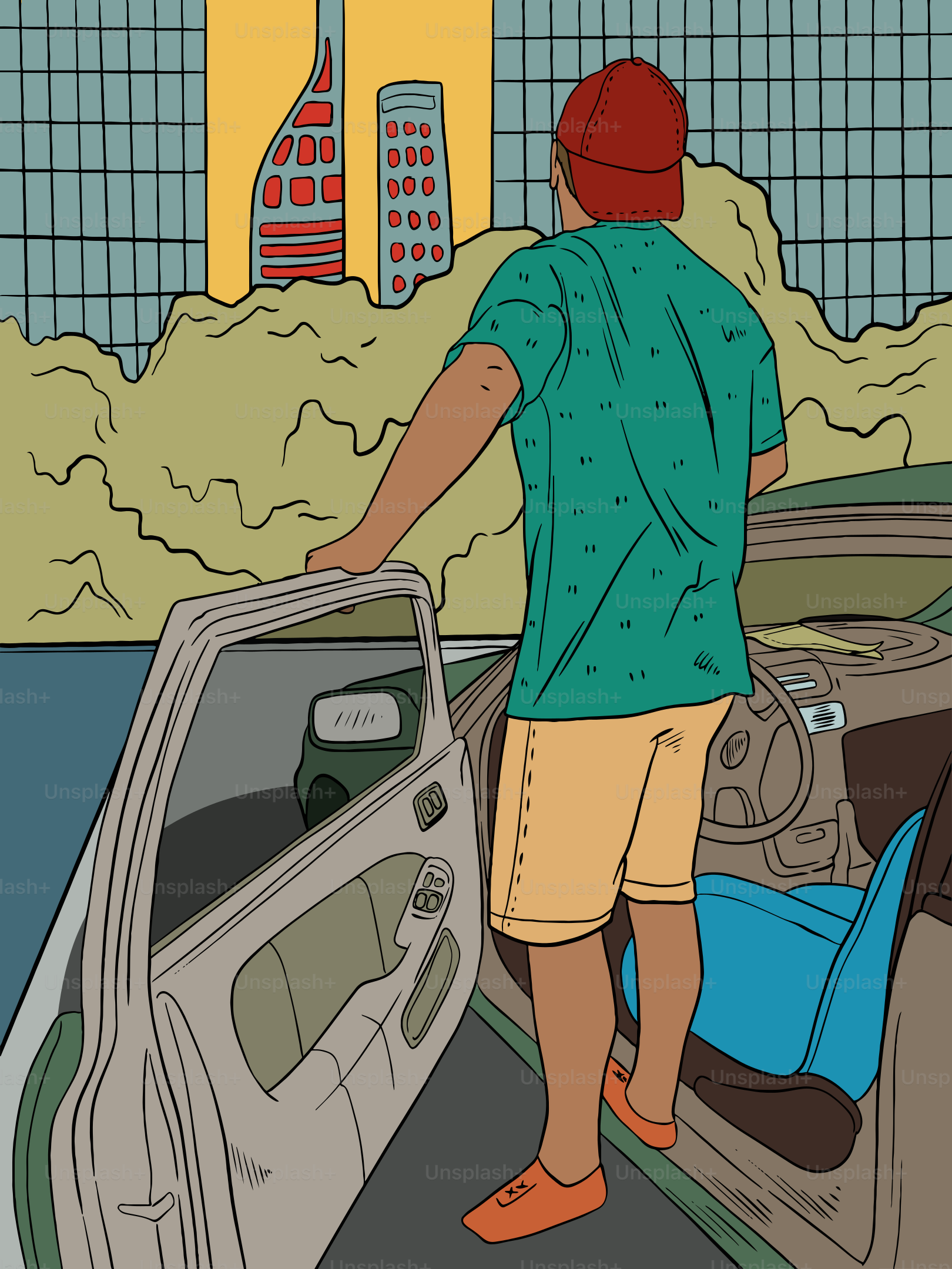 Man in red cap steps out of car