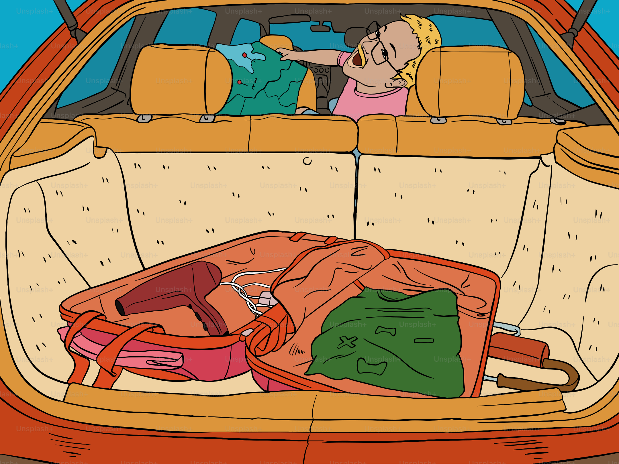 Orang yang mengemas bagasi mobil dengan bagasi dan bagasi