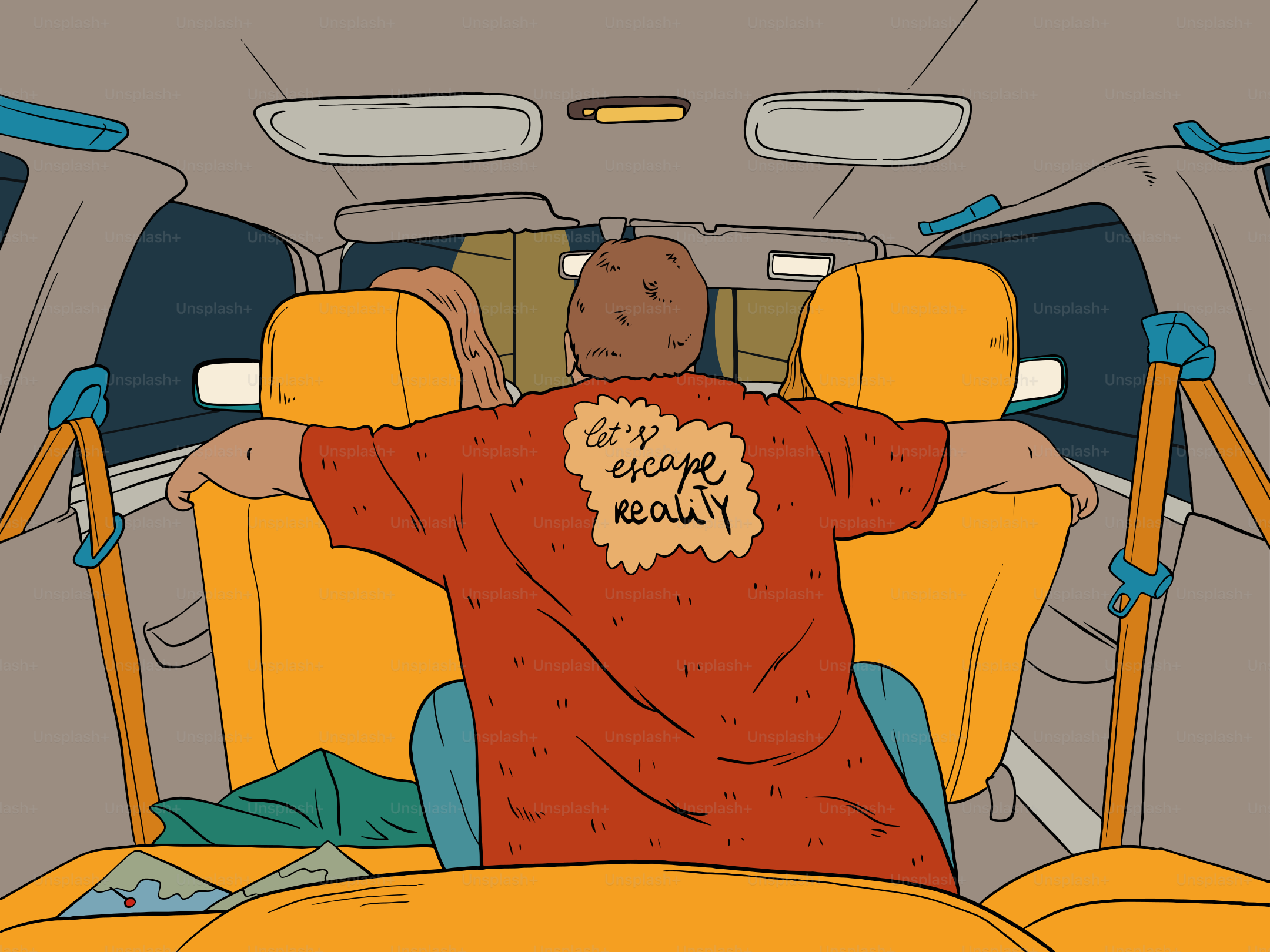 Man wearing "den escape reality" shirt in car.