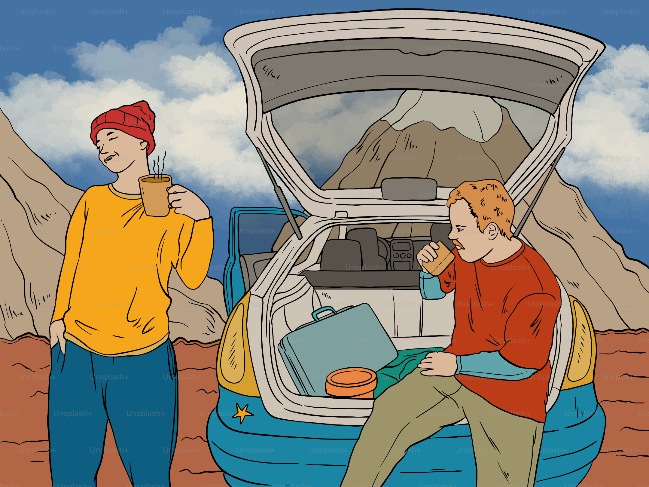 Two people with a car packed for a trip.