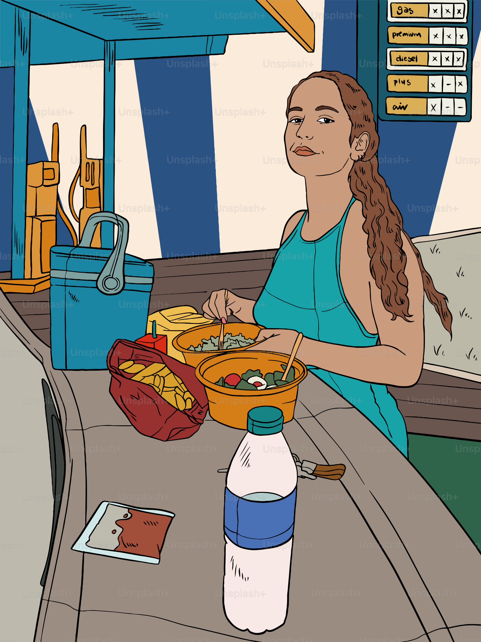 Woman preparing food at a picnic table.