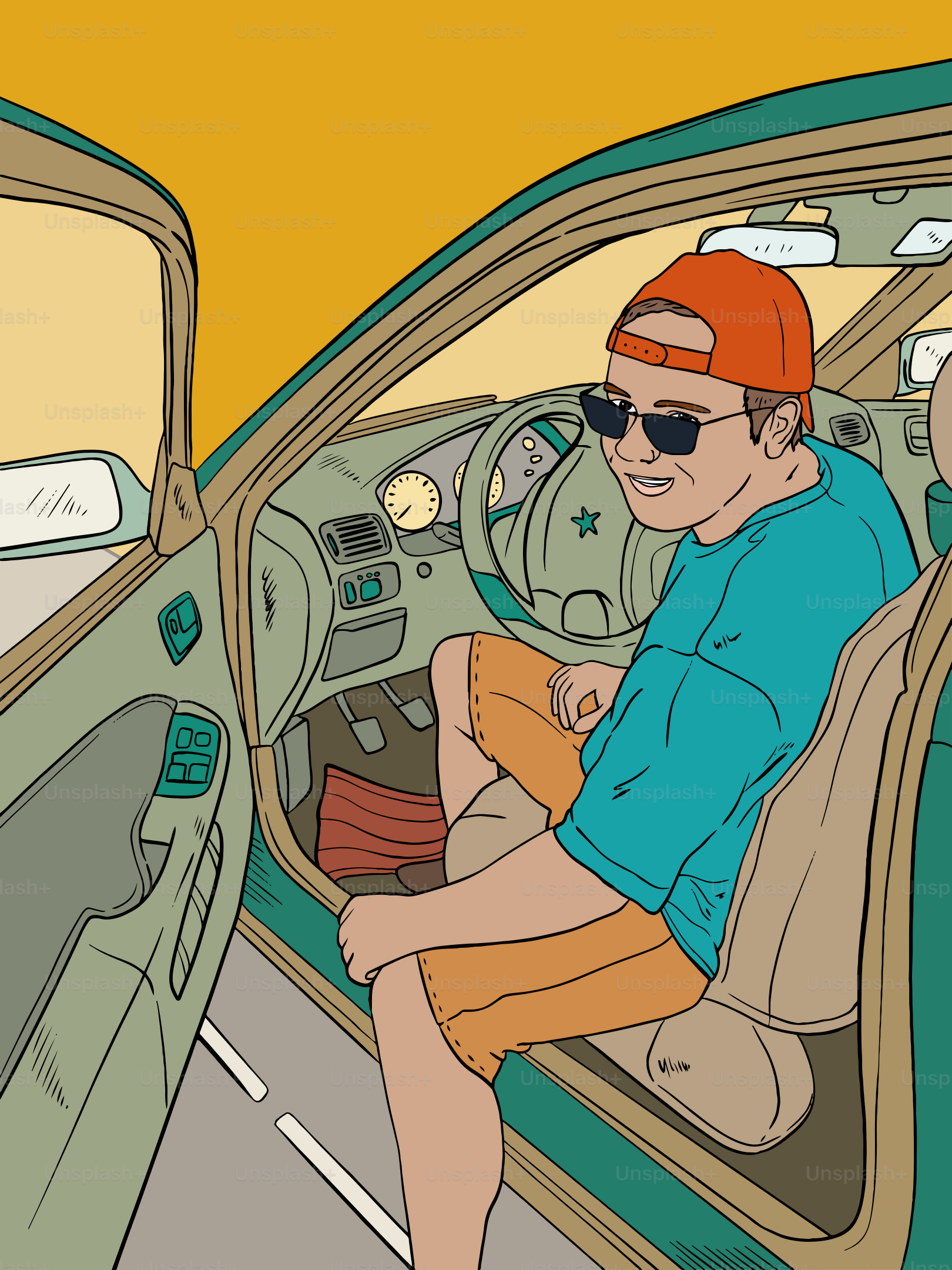 Young man wearing sunglasses and baseball cap in car