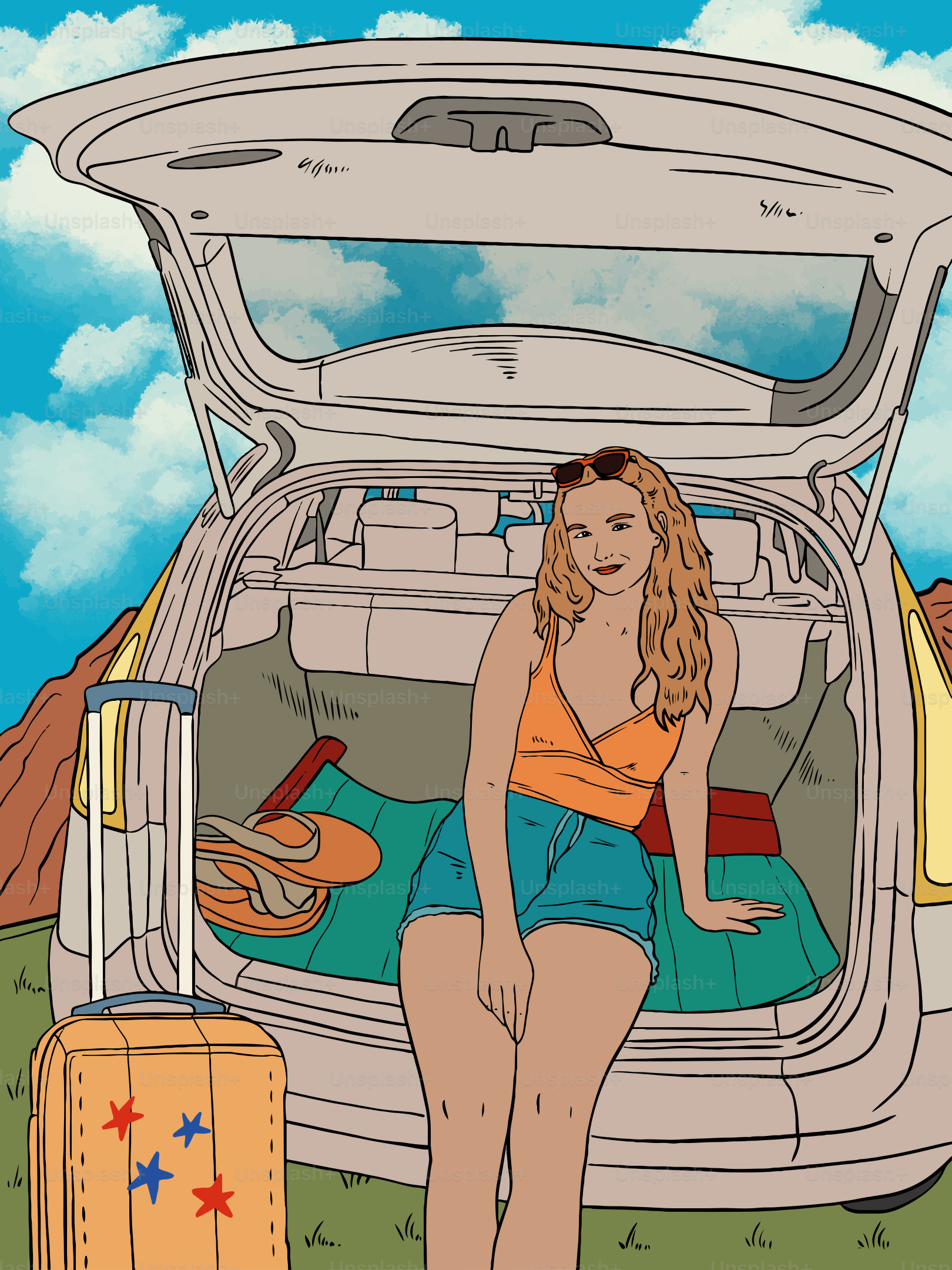 Woman sitting in open car trunk with luggage