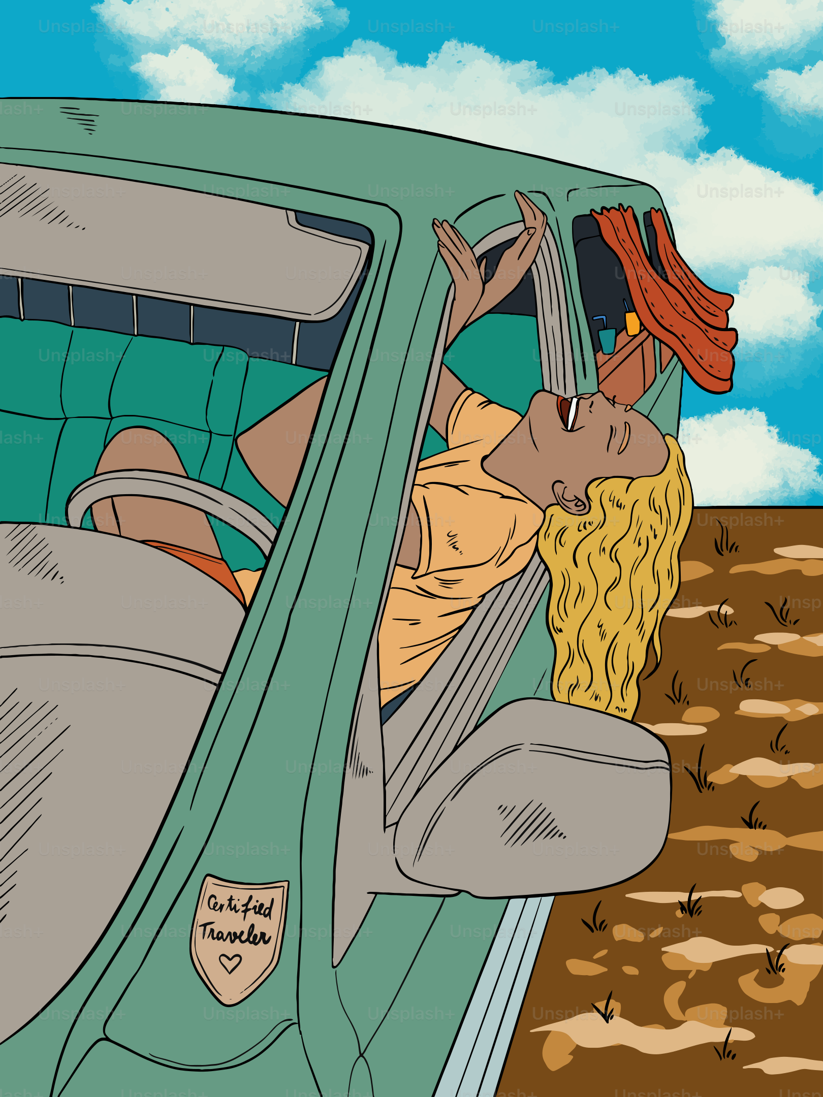 donna che si sporge dal finestrino dell'auto durante il viaggio.