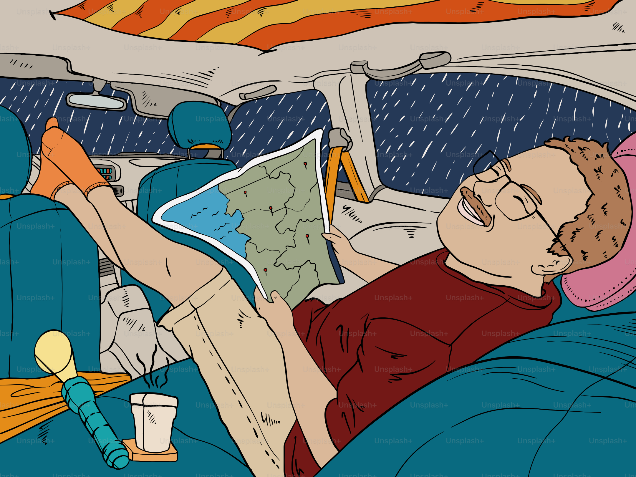 Man relaxing in car reading map during rain