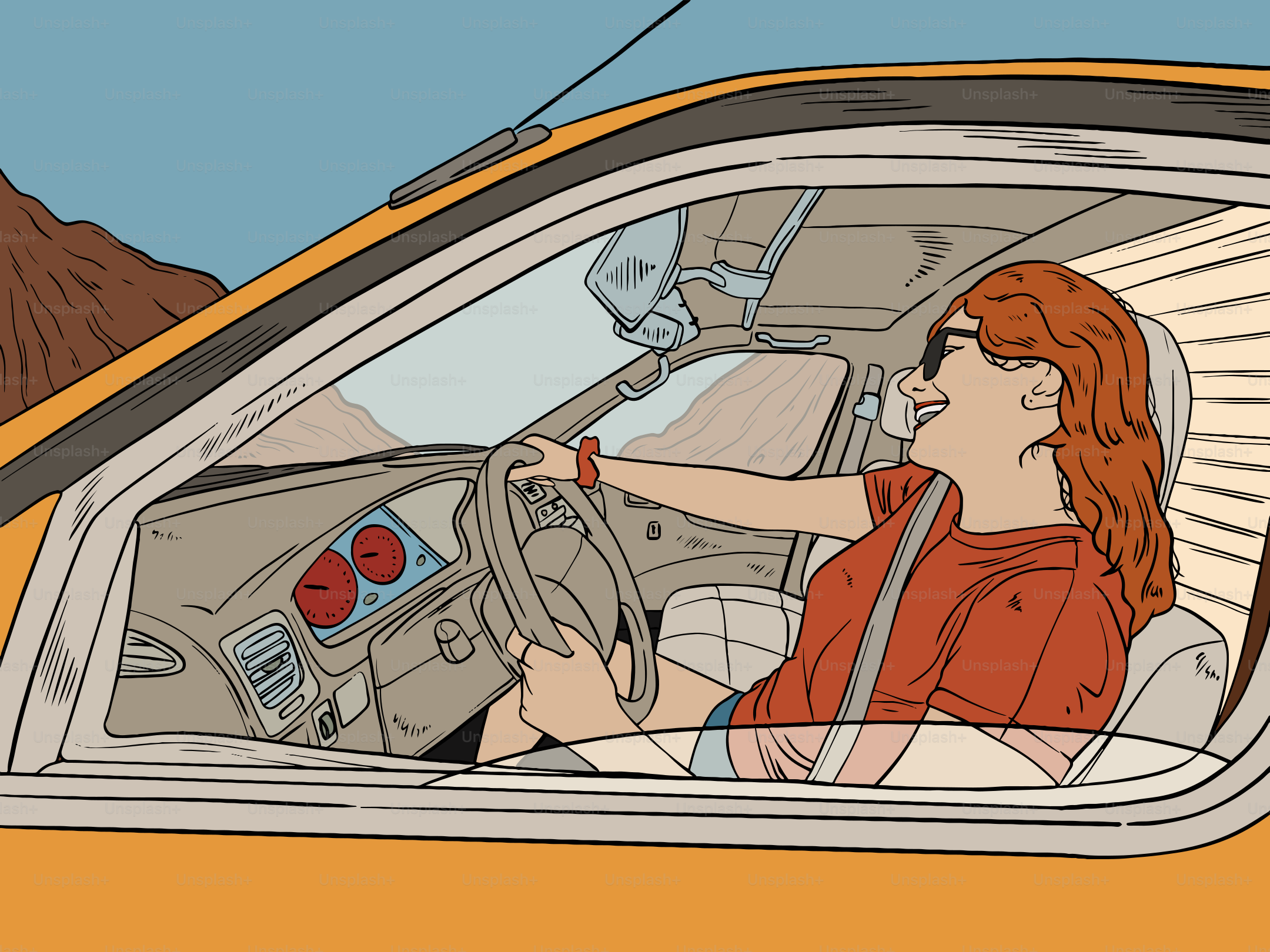 Woman driving a car on a sunny day