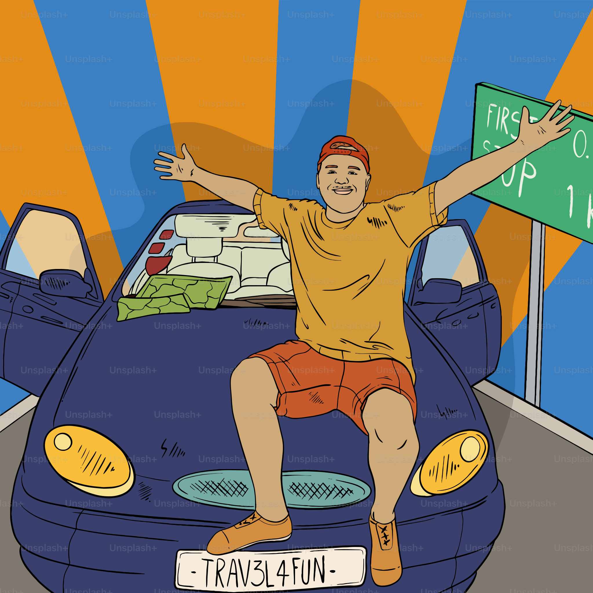 Man sits on car hood with arms outstretched