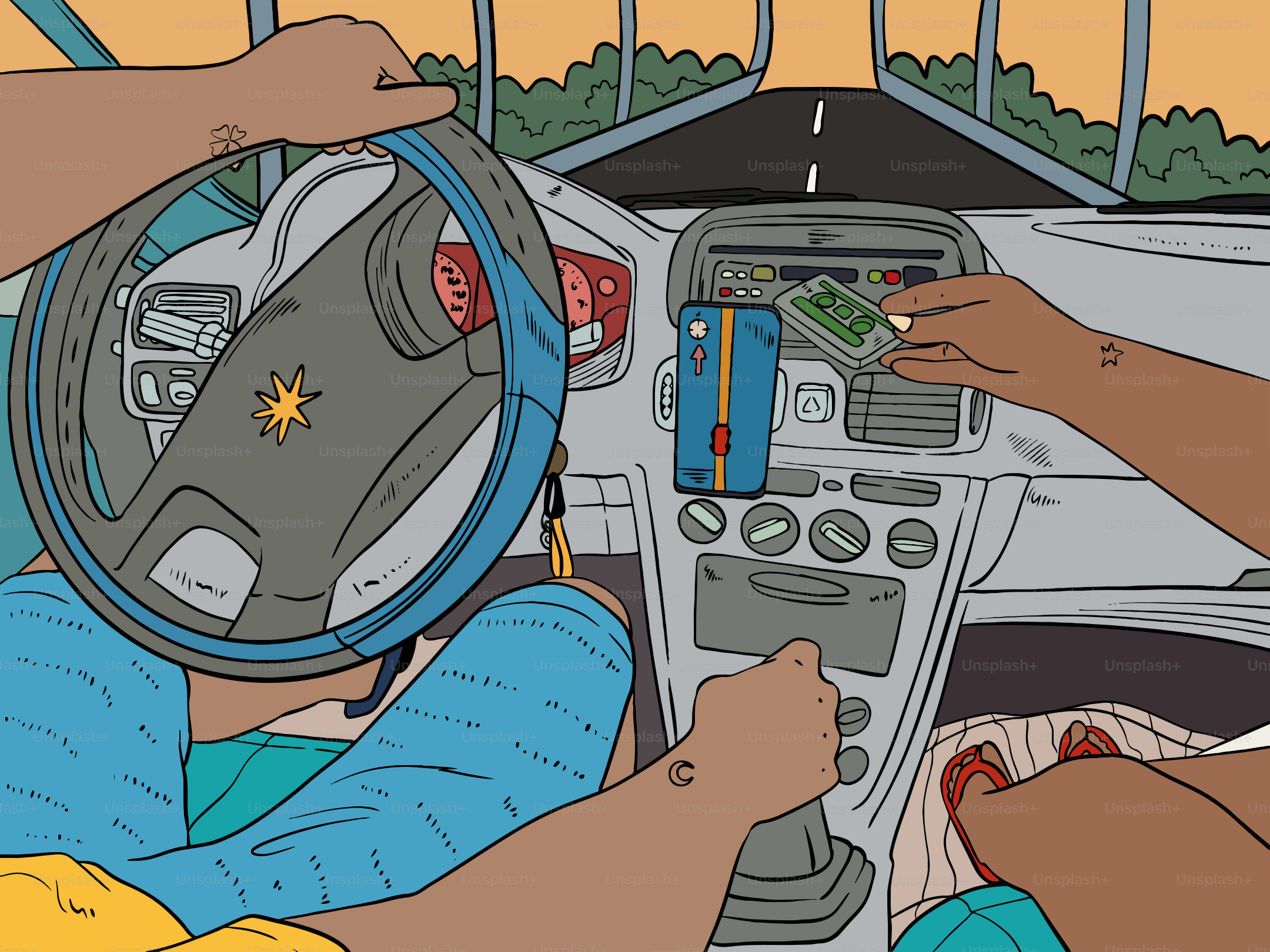 Two people in a car, one driving, one paying.