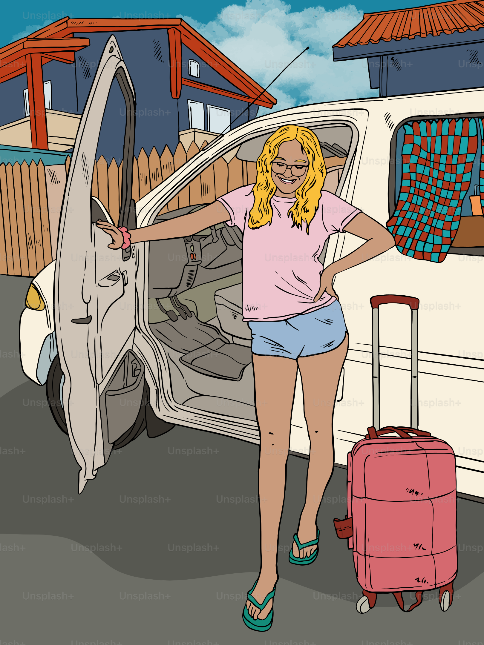 Woman with suitcase by camper van