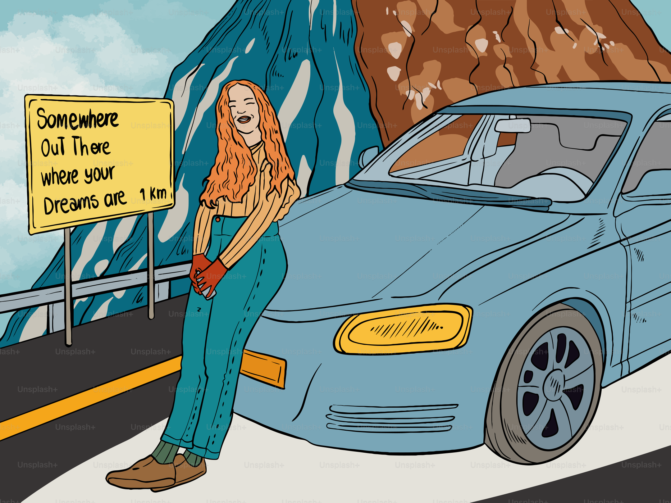 Woman leaning on car near road sign