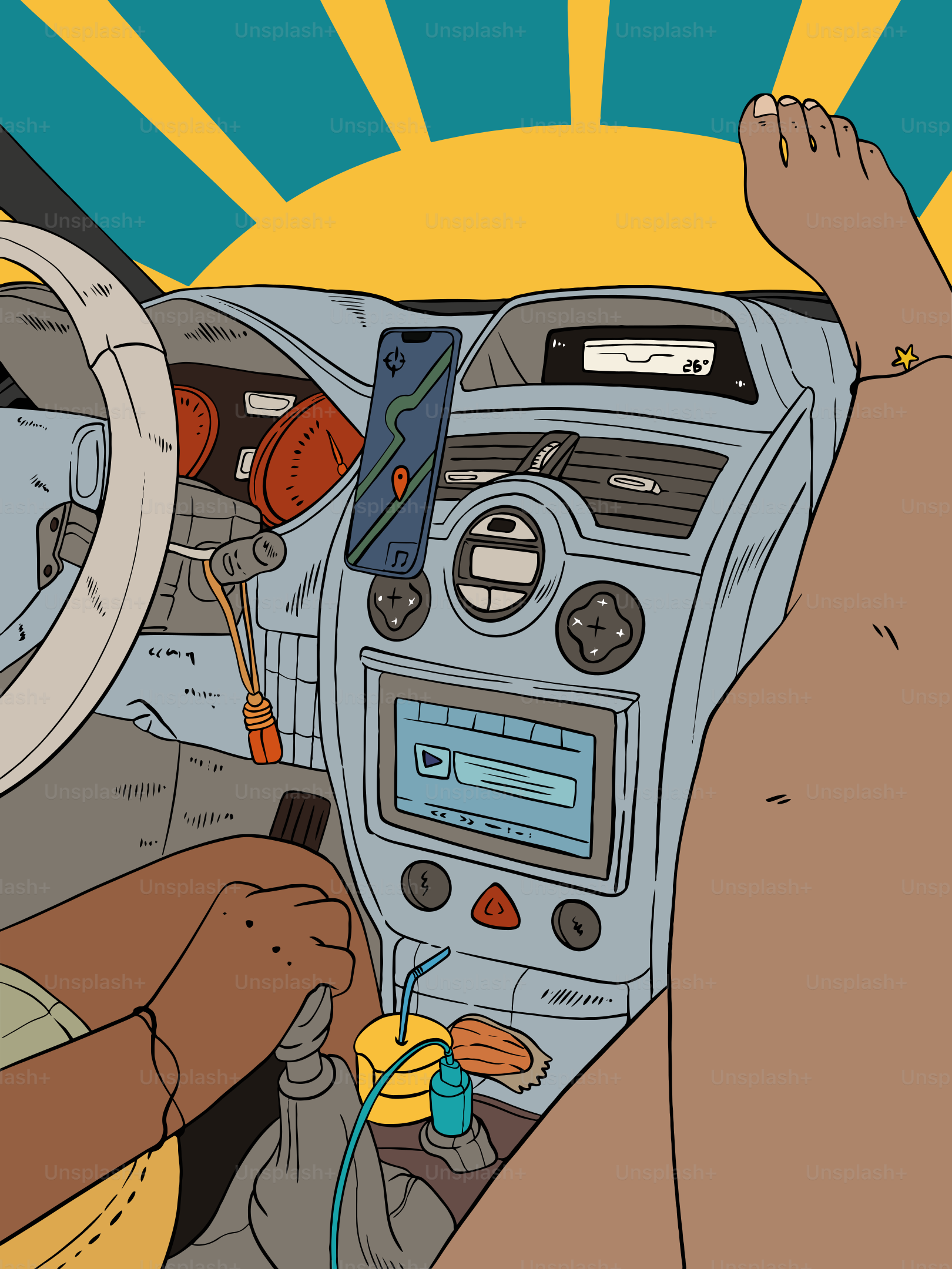 Two people in a car with feet up.