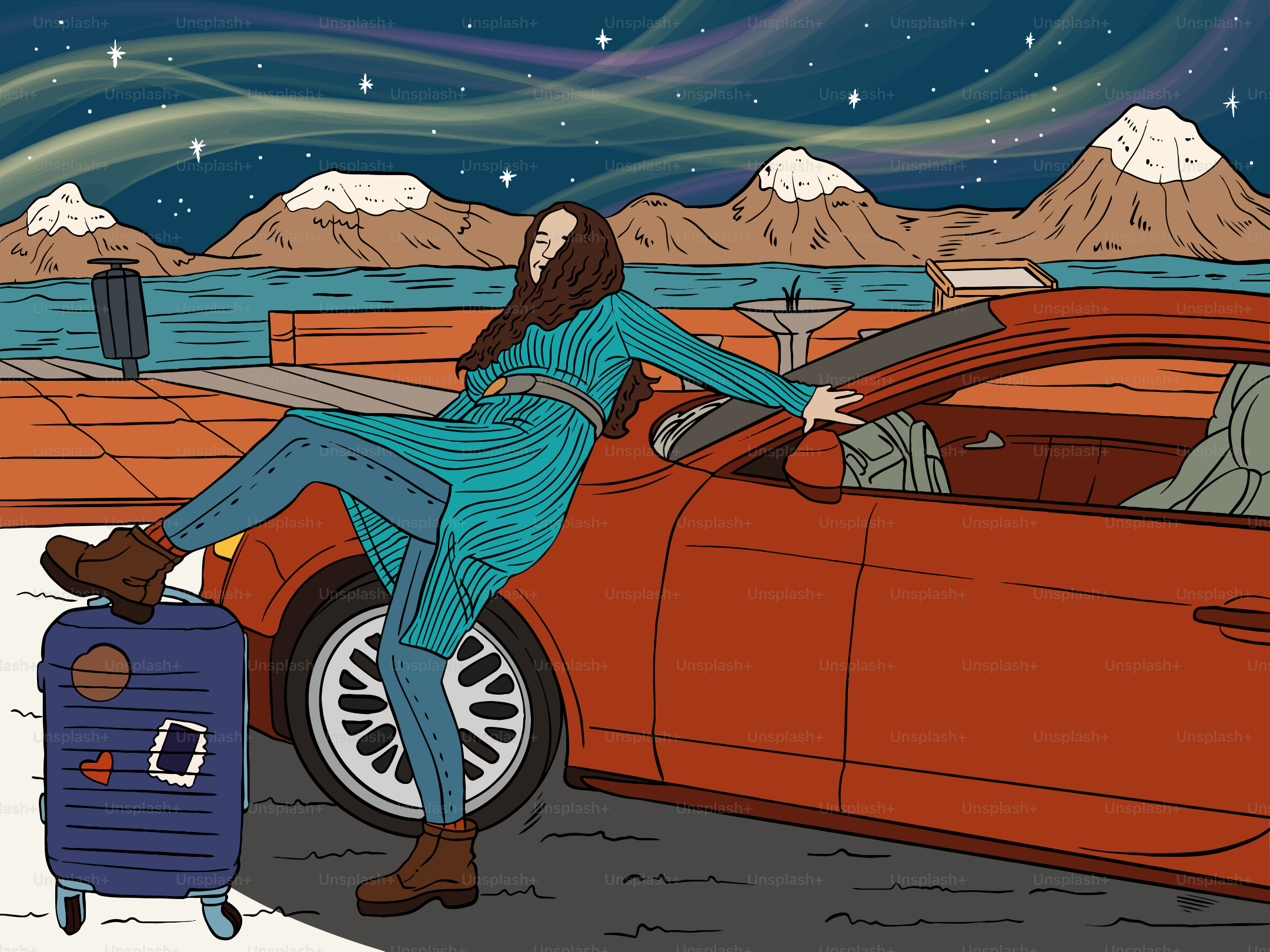 Woman with suitcase leans on car under aurora borealis.