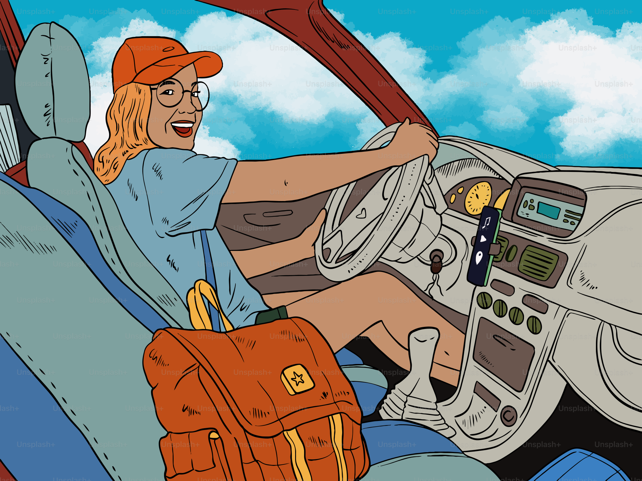 Smiling person driving a car on a sunny day