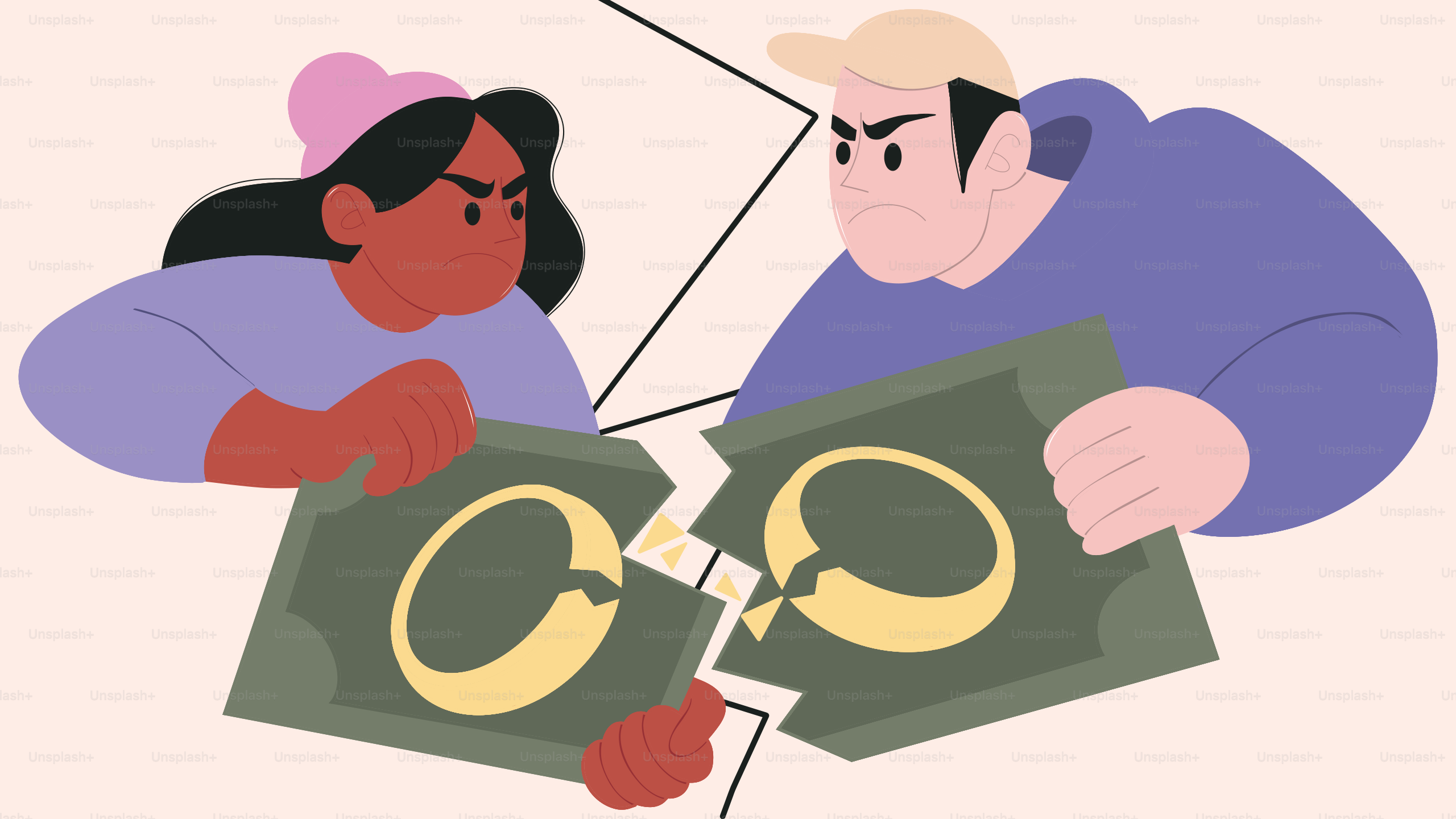 Zwei Menschen streiten sich um zerrissenes Geld