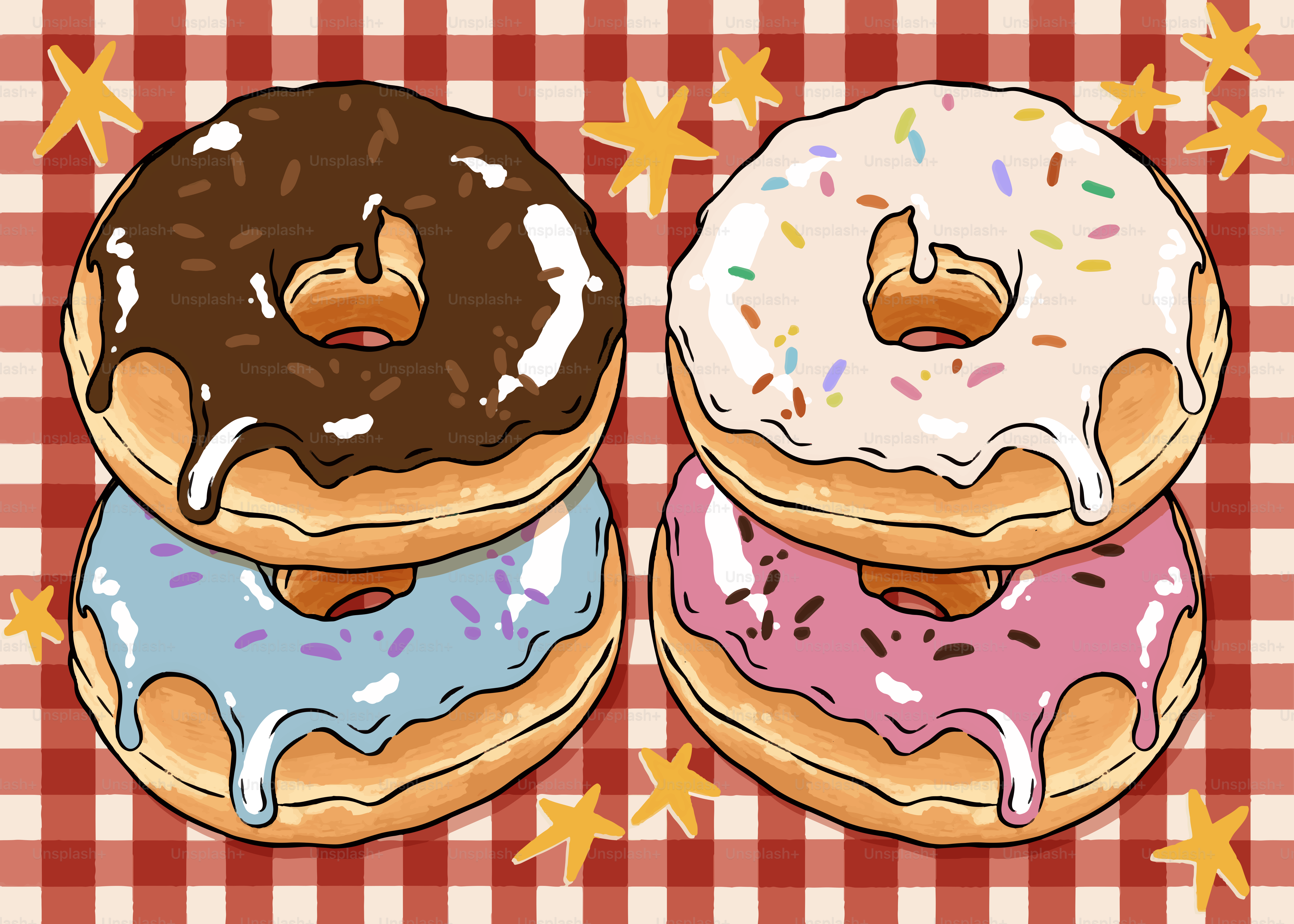 Vier bunte Donuts gestapelt auf einem karierten Hintergrund