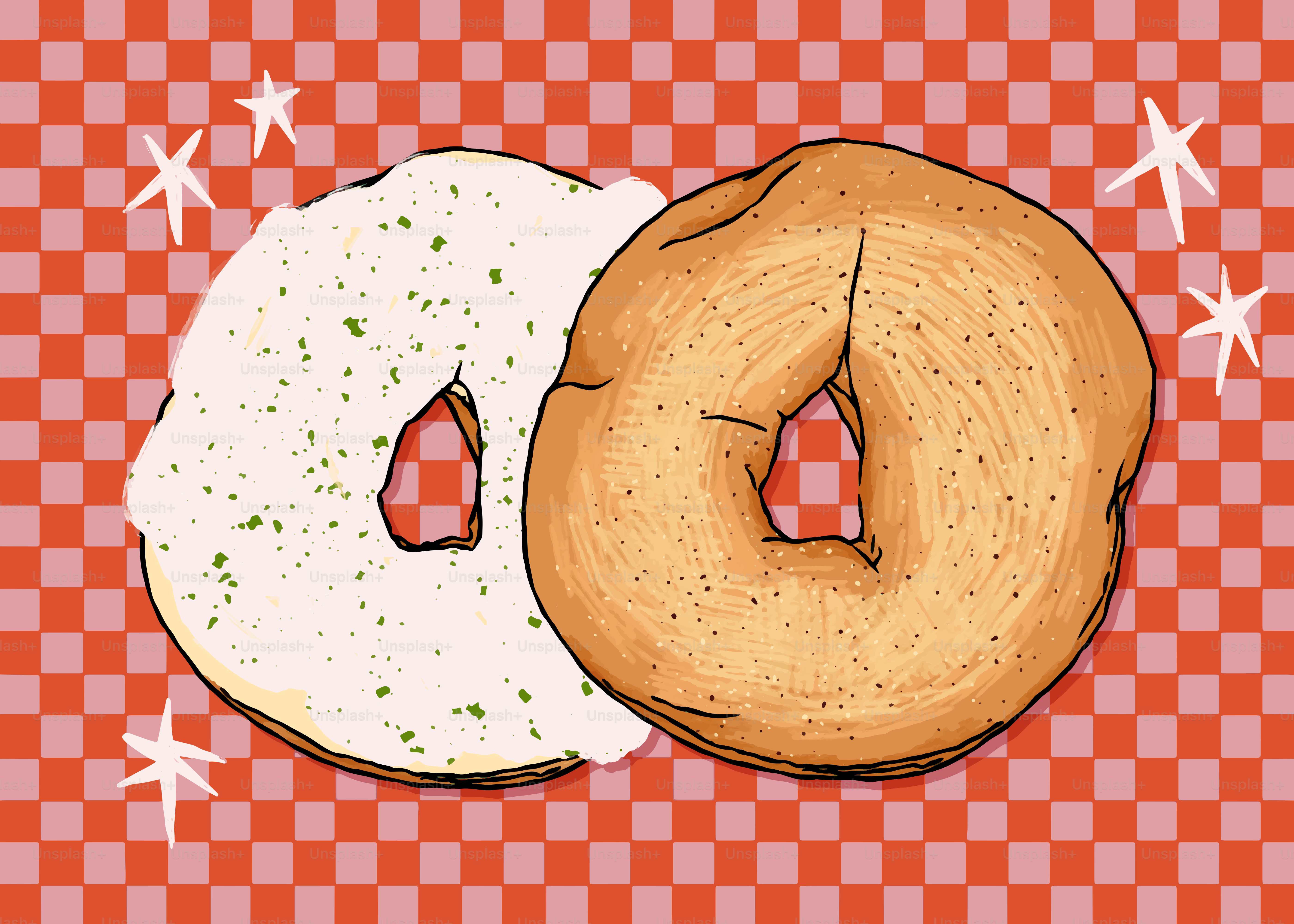 Two bagels, one with cream cheese, on checkered background.