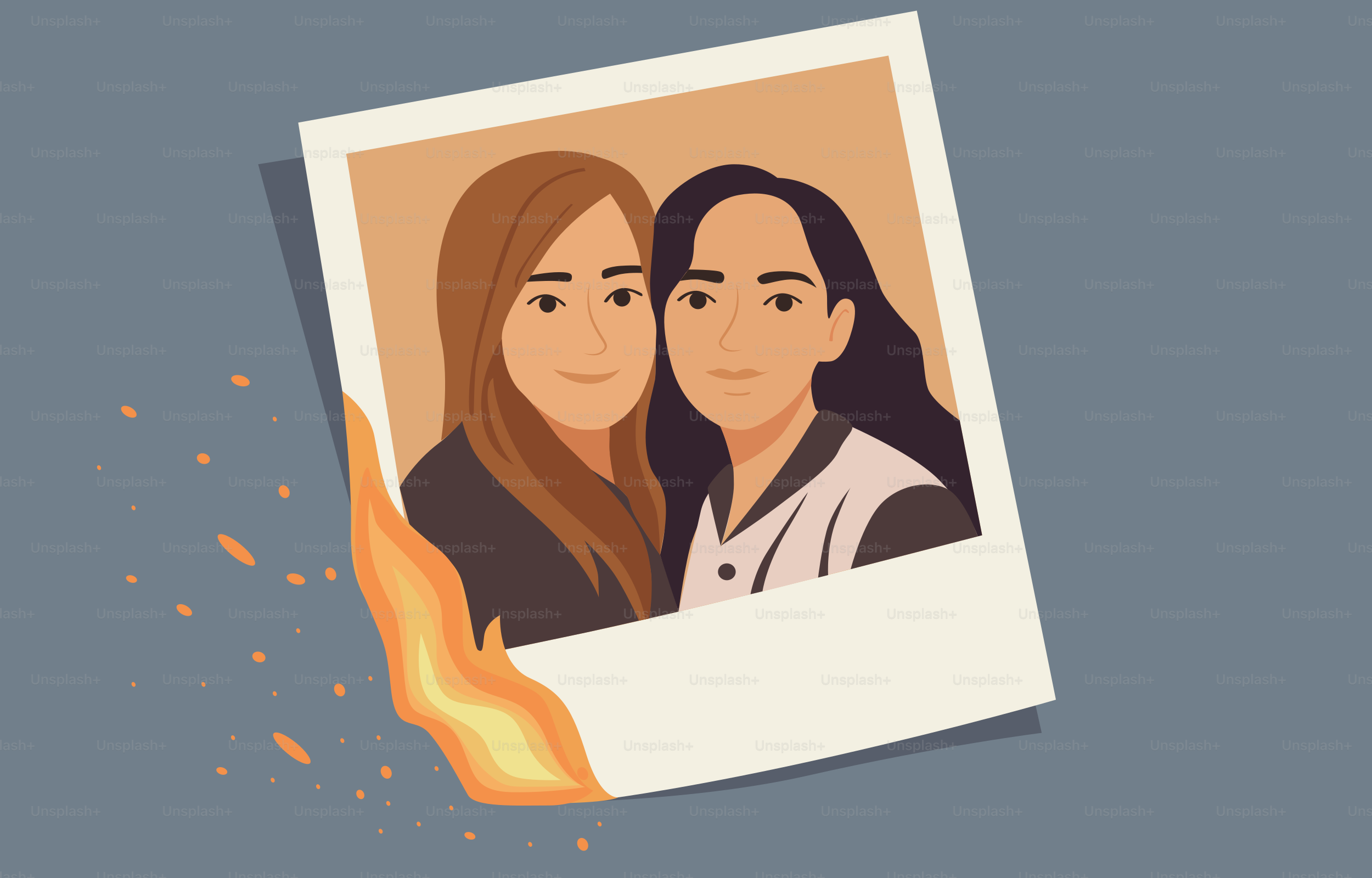 불타는 폴라로이드 사진 속 두 여성