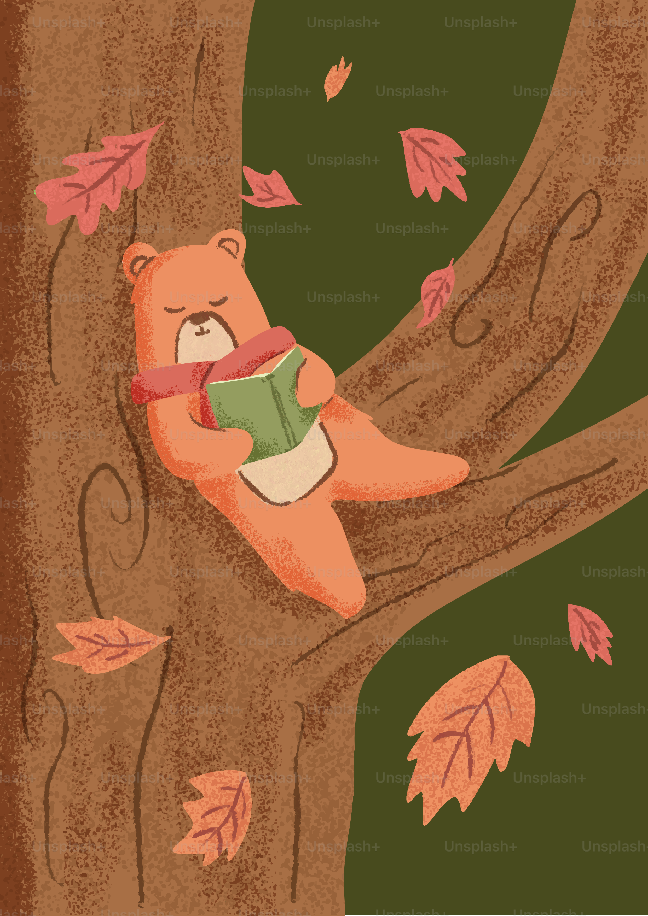 Bear reading a book while resting in a tree