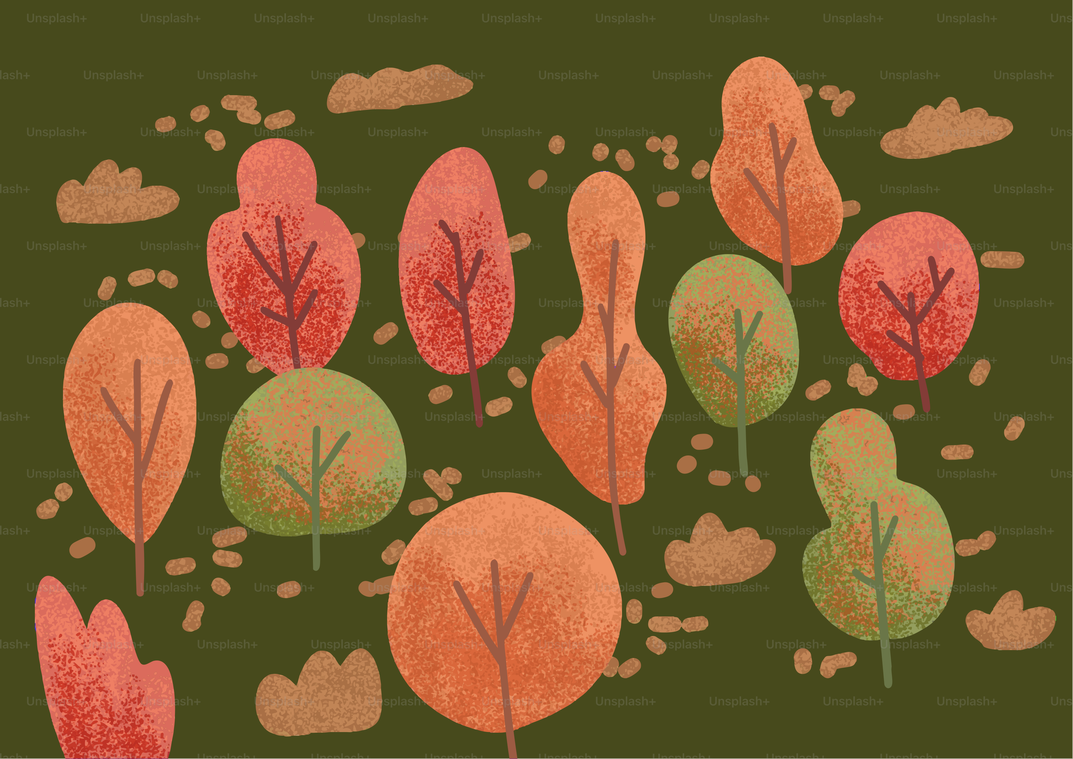 Stylized autumn trees with scattered leaves and clouds