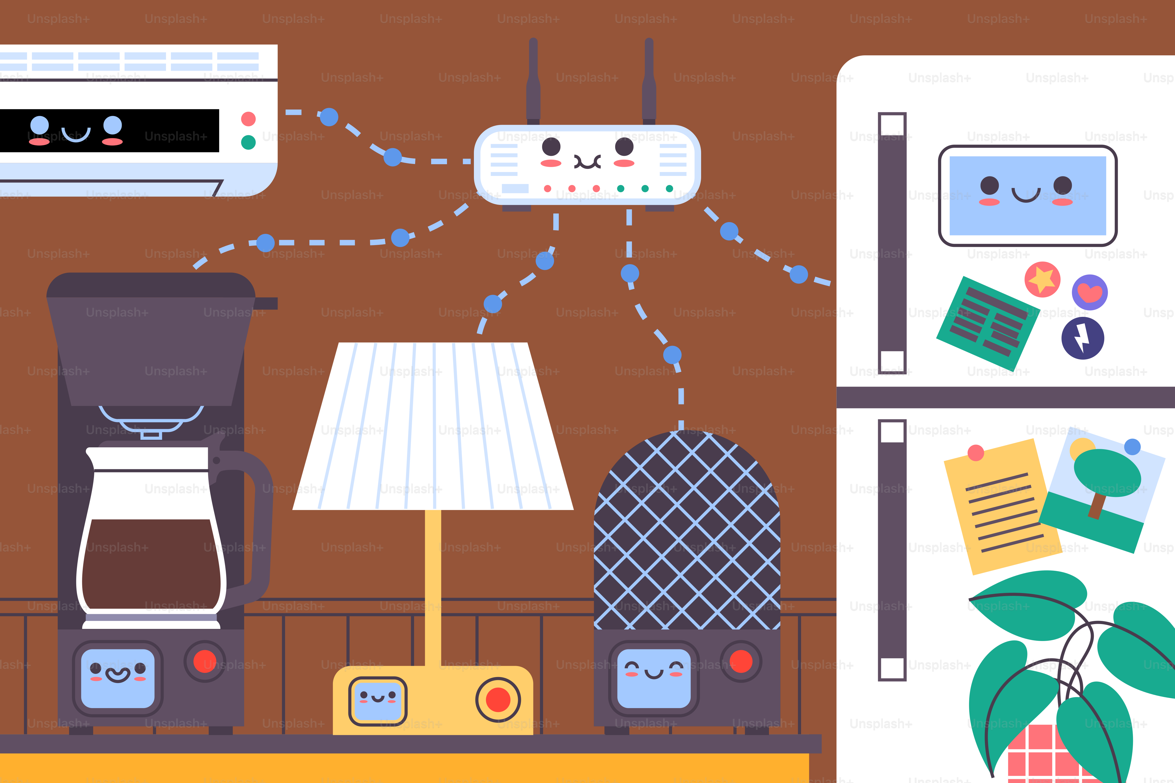 Dispositivos inteligentes del hogar conectados a un router central.
