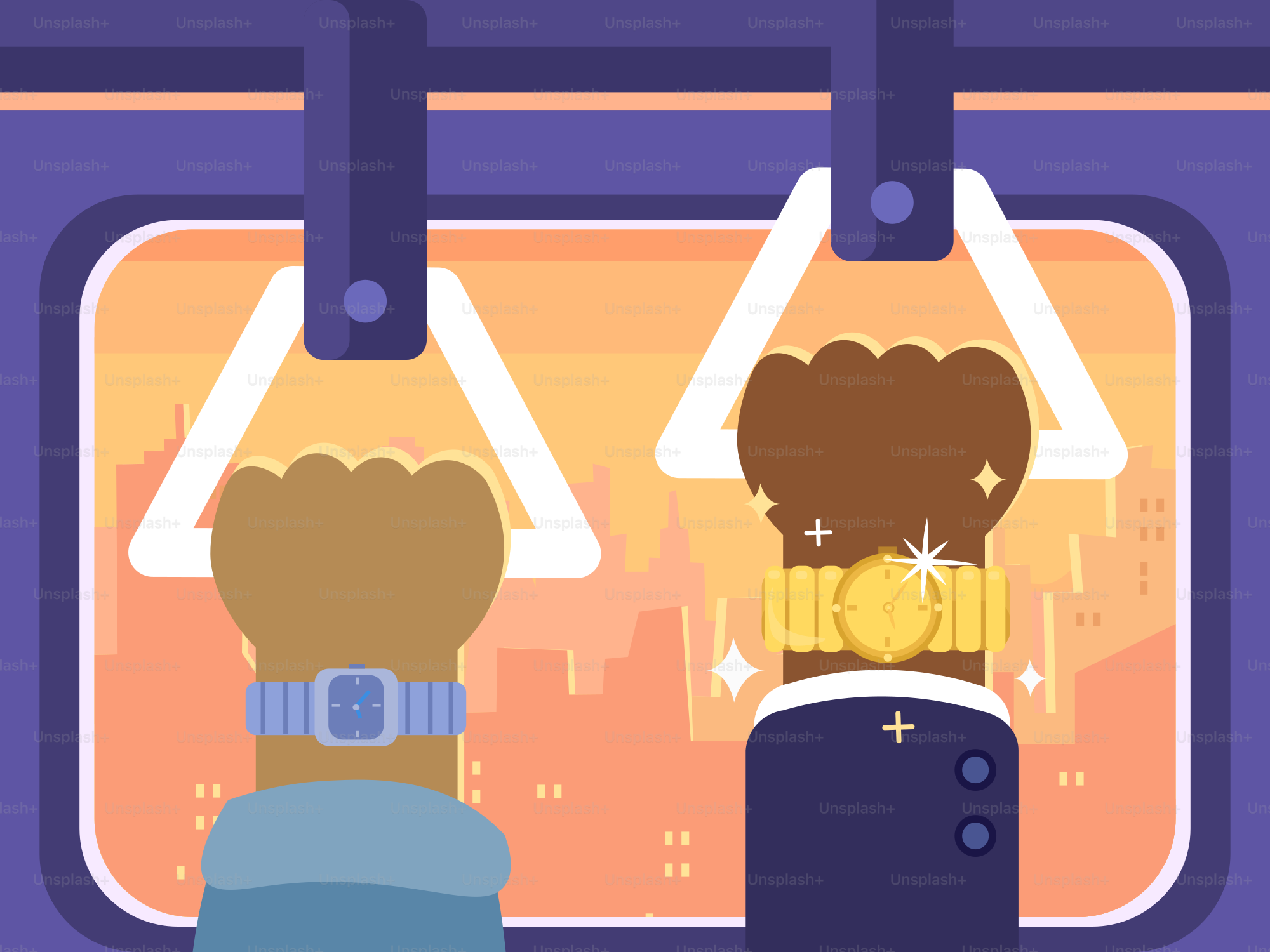 Two people holding onto train handles with city view