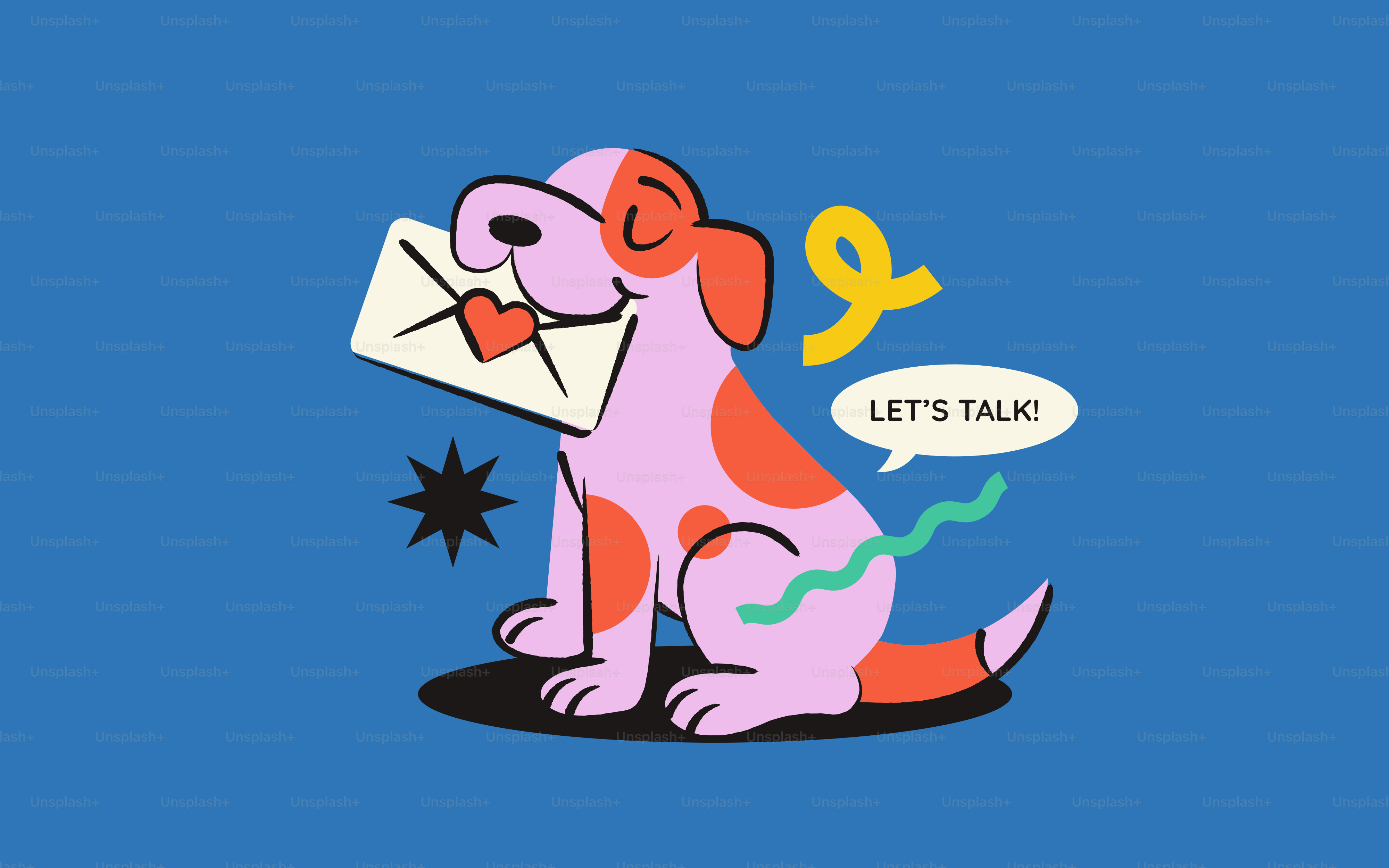 A cartoon dog holds a letter with a heart.