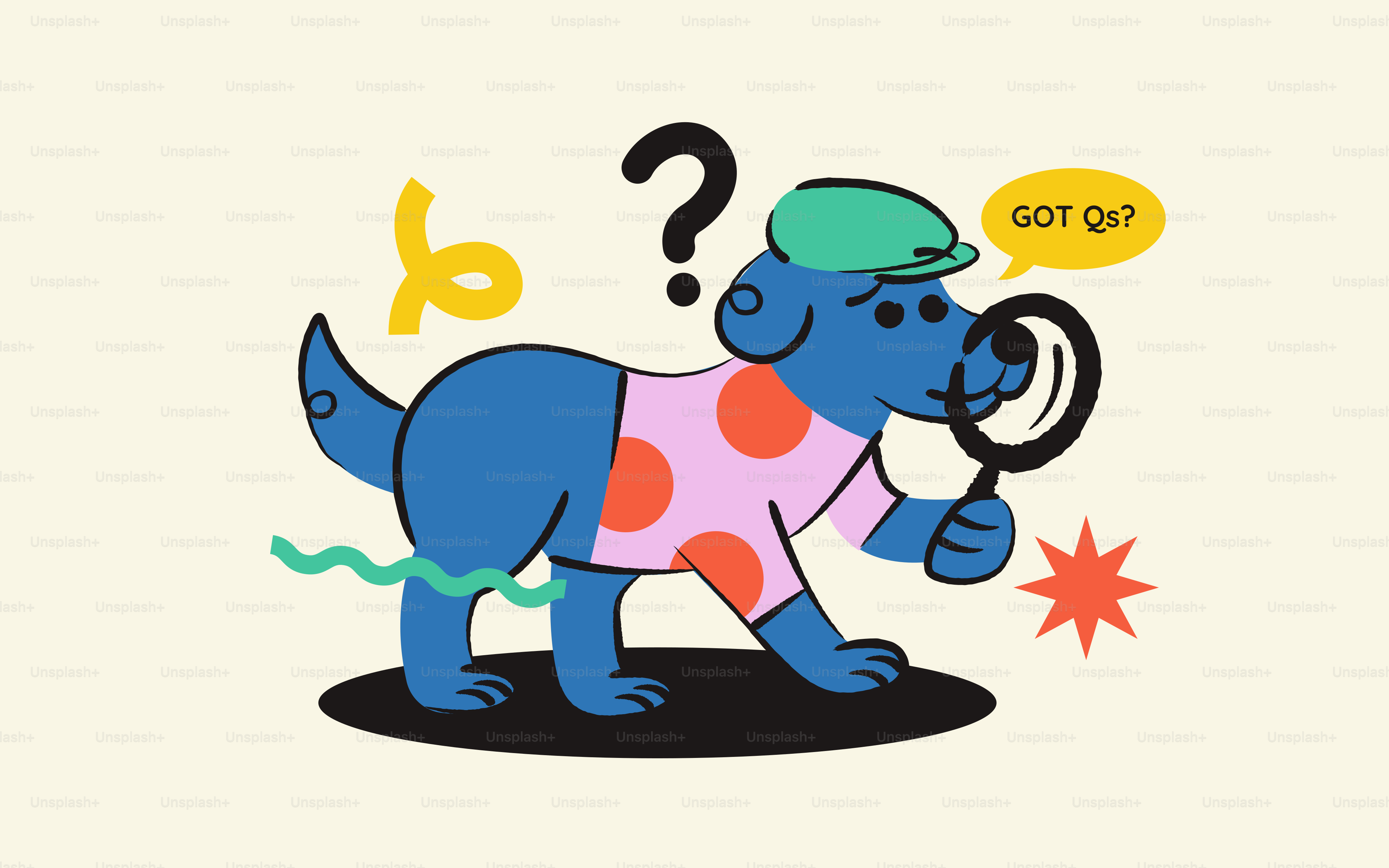 Blue dog with magnifying glass searching for clues