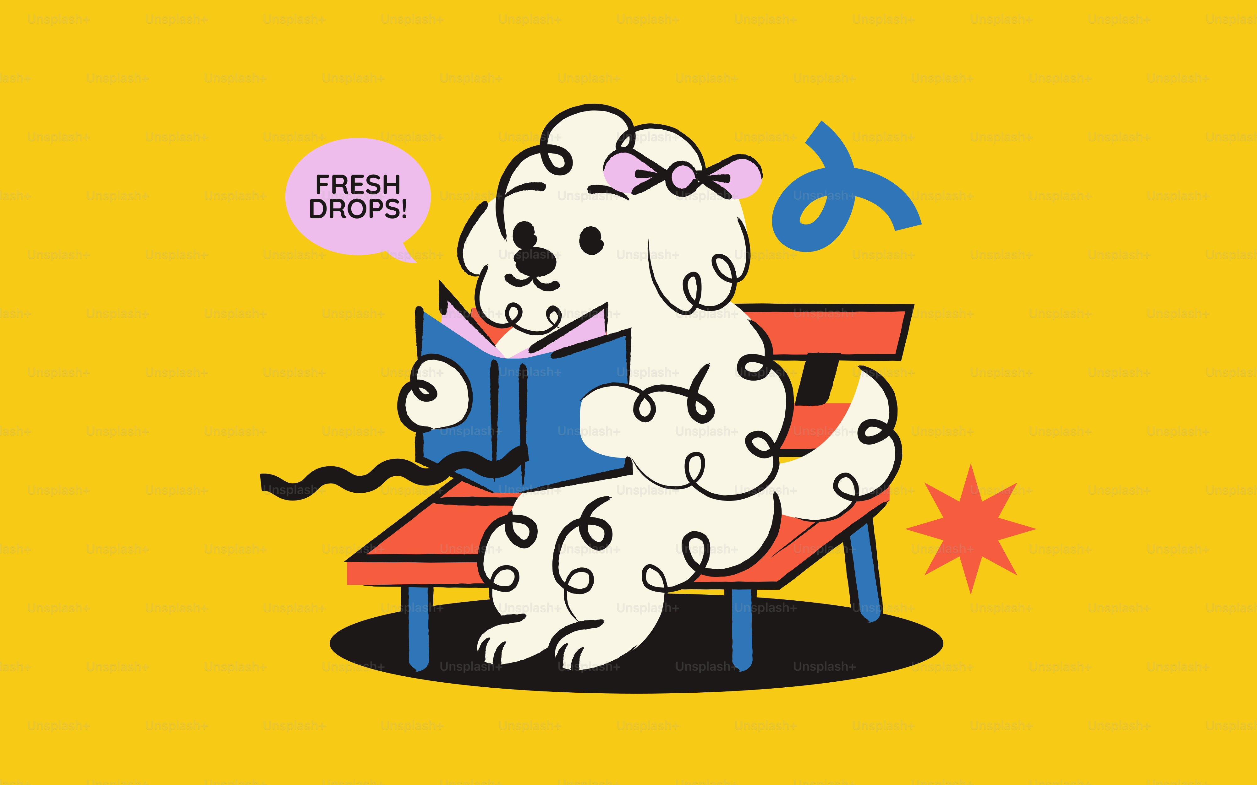 Fluffy dog reads a book on a bench
