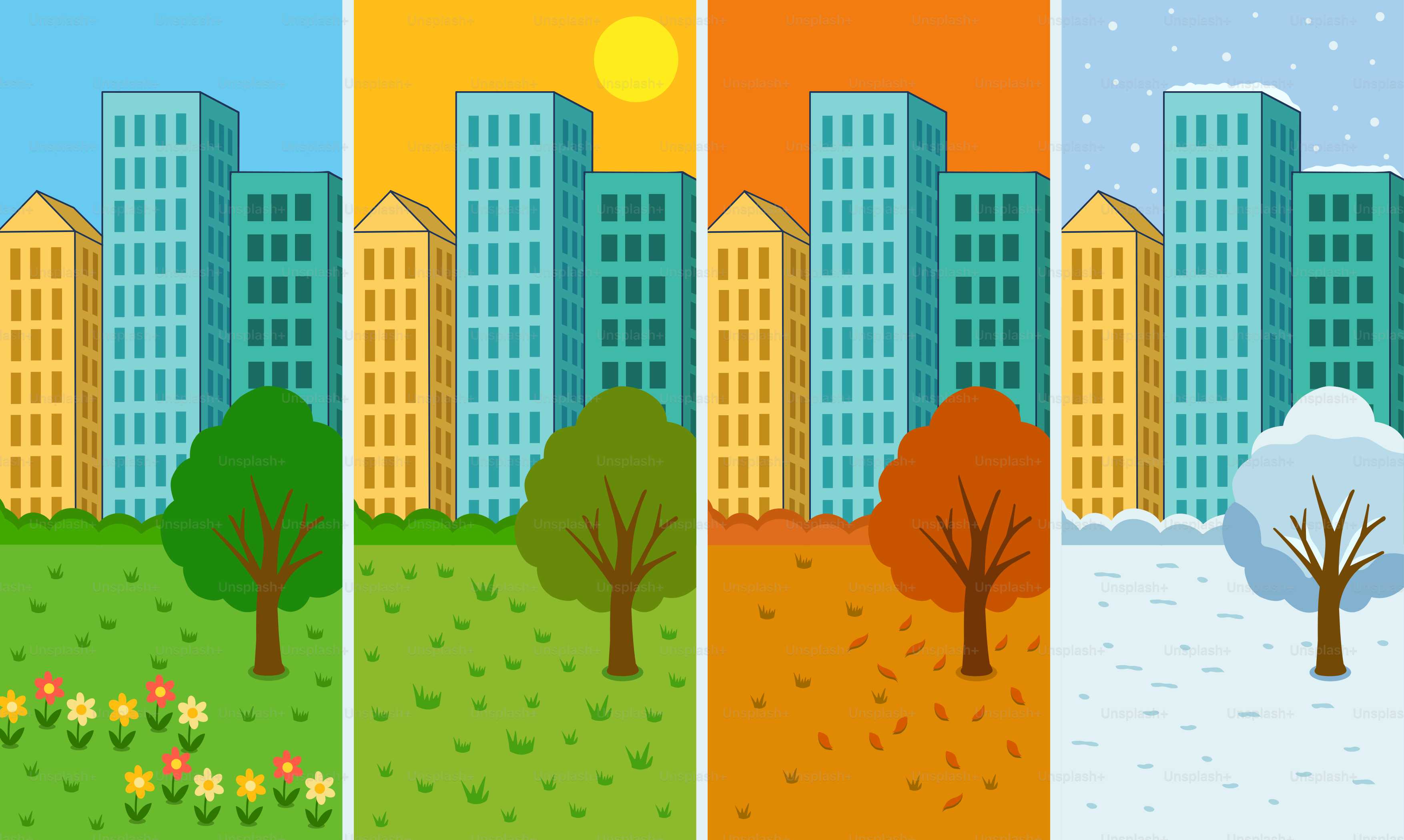 Cityscape divided into four seasons: spring, summer, autumn, winter.
