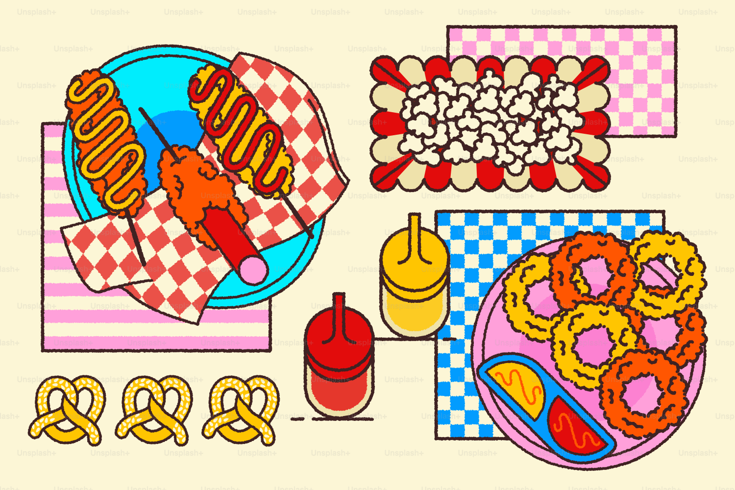Assortment of carnival food including hot dogs and onion rings