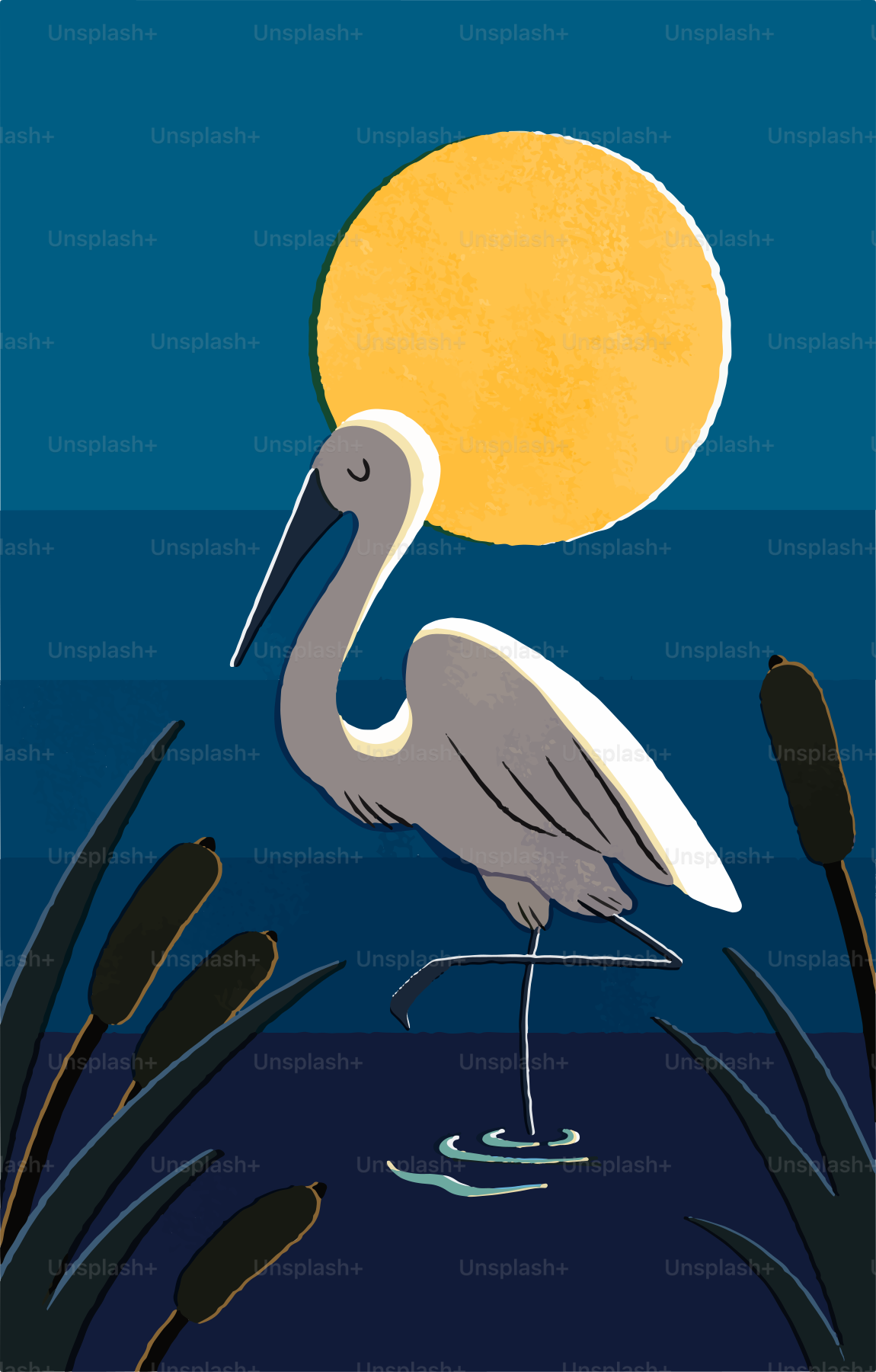 Una garza blanca se encuentra en el agua cerca de las espadas bajo una luna.