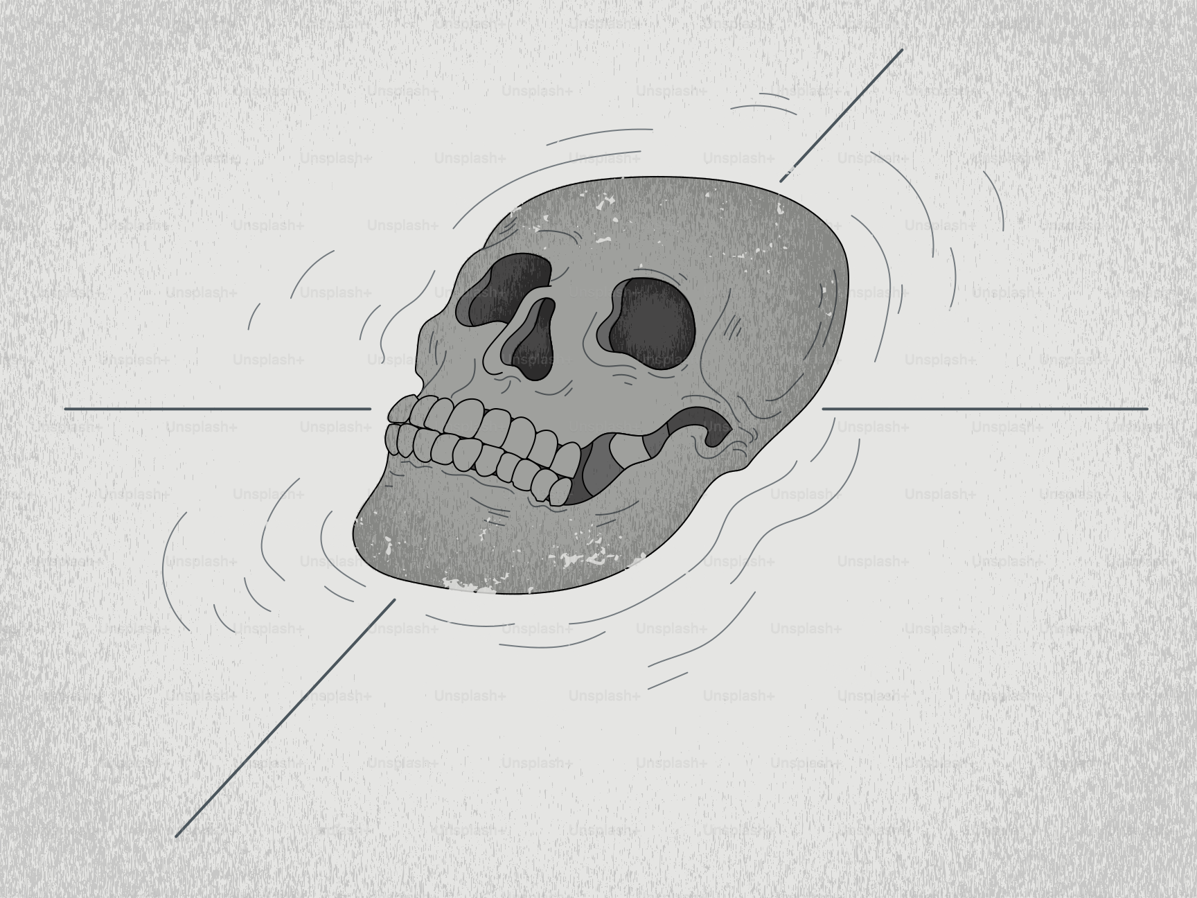 A gray skull floats in wavy water with lines.