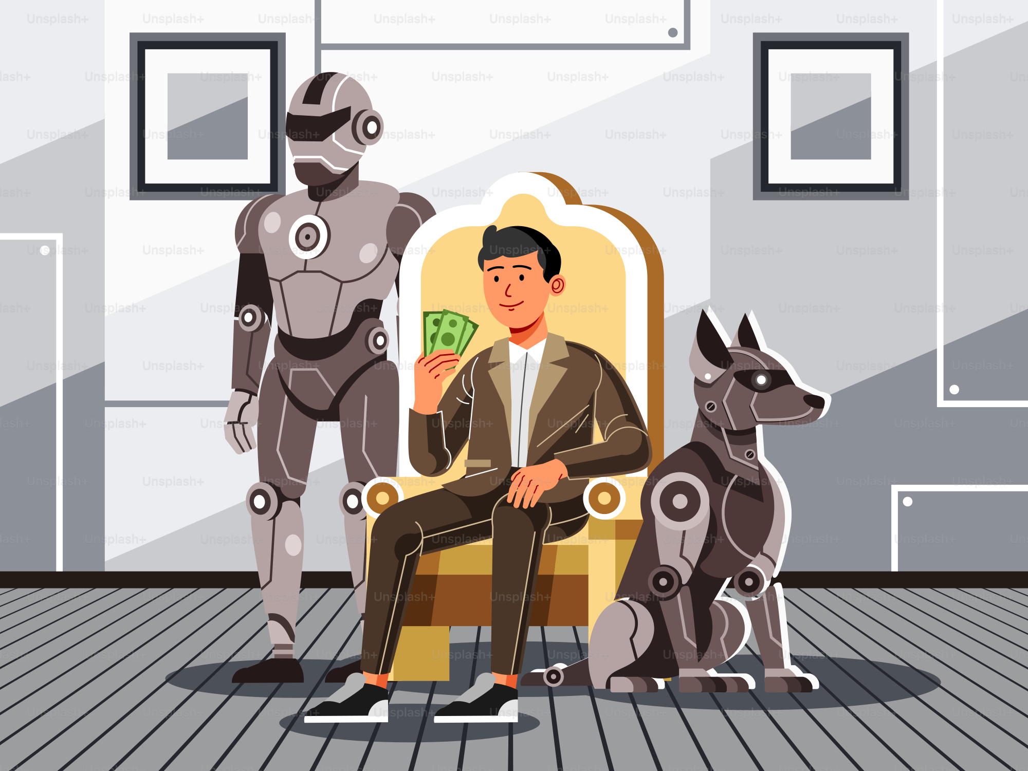 Man with money, robot, and dog in room.
