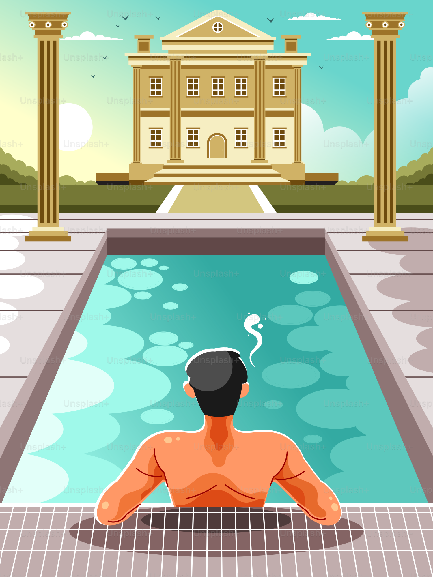 Uomo che si rilassa in piscina con villa sullo sfondo