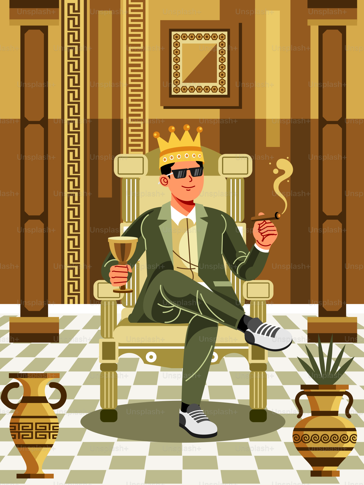 Man in suit wearing crown sits on throne smoking cigar.