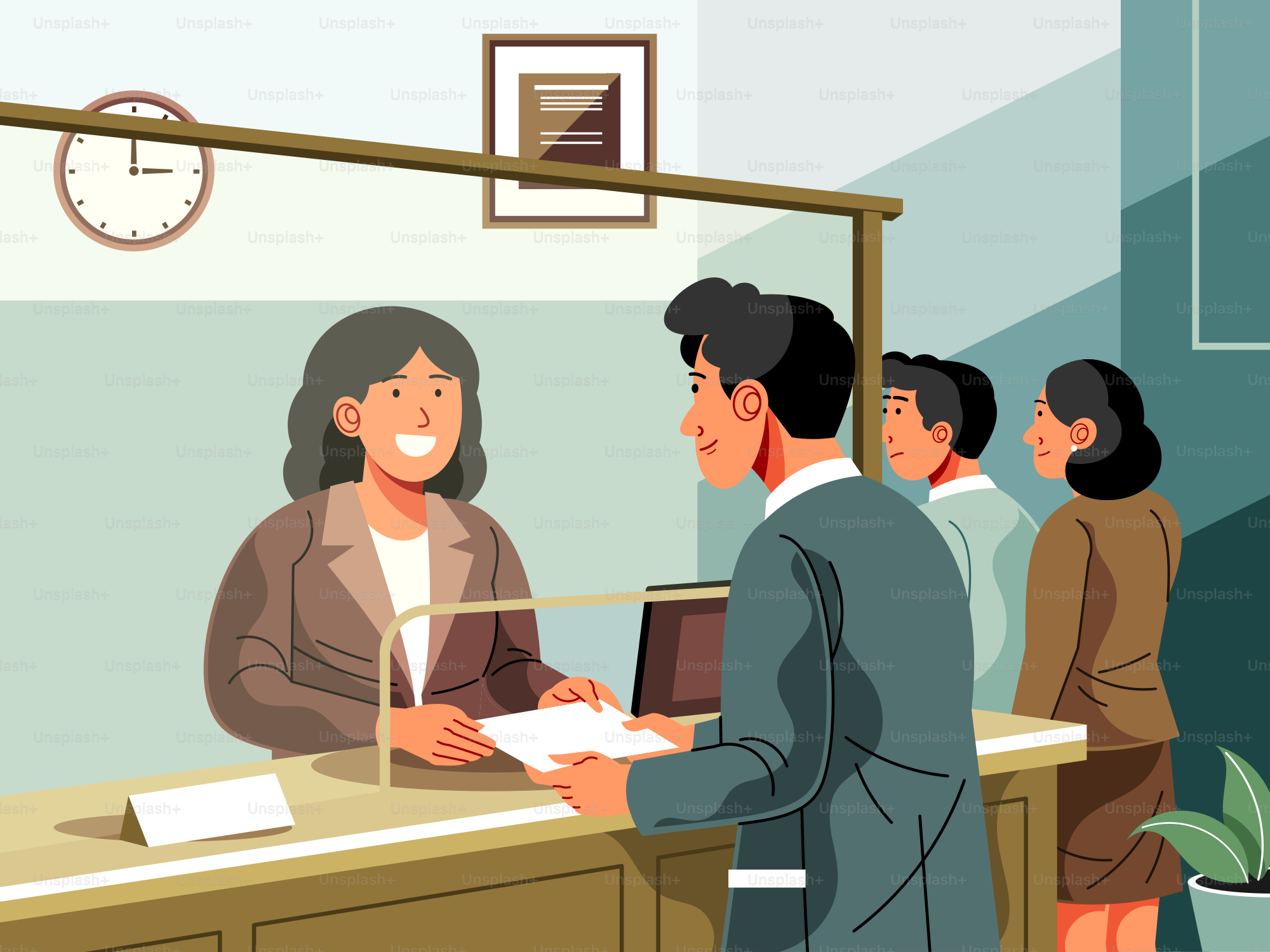 Bank teller assisting customers at counter