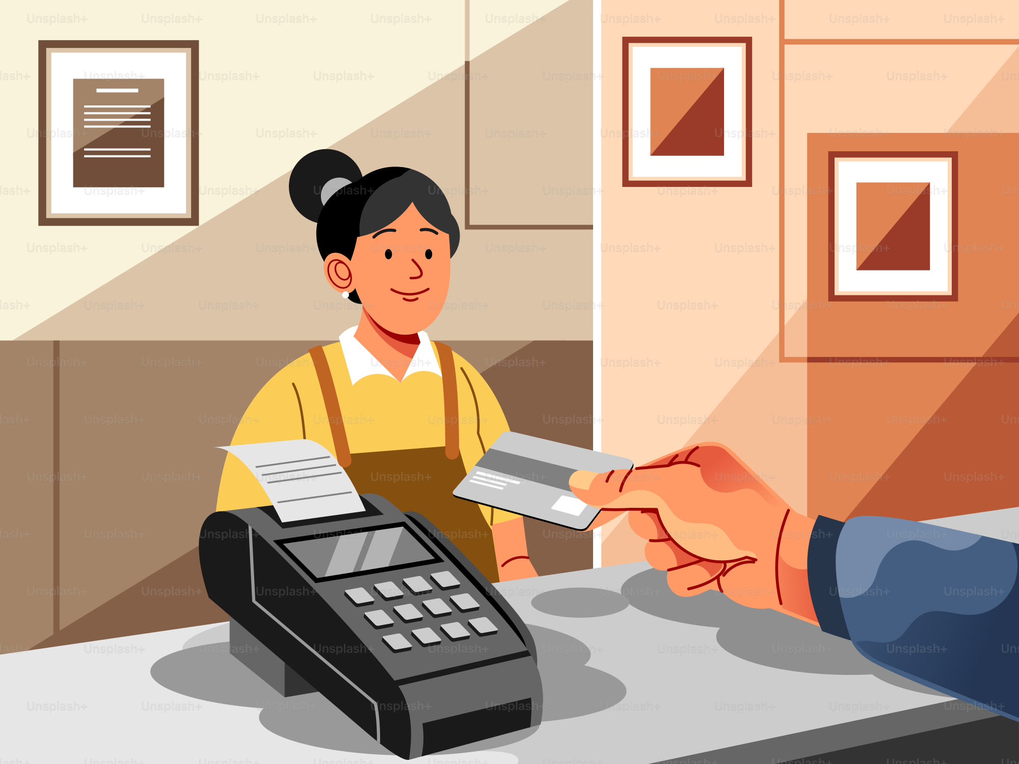 Customer pays with credit card at checkout counter.