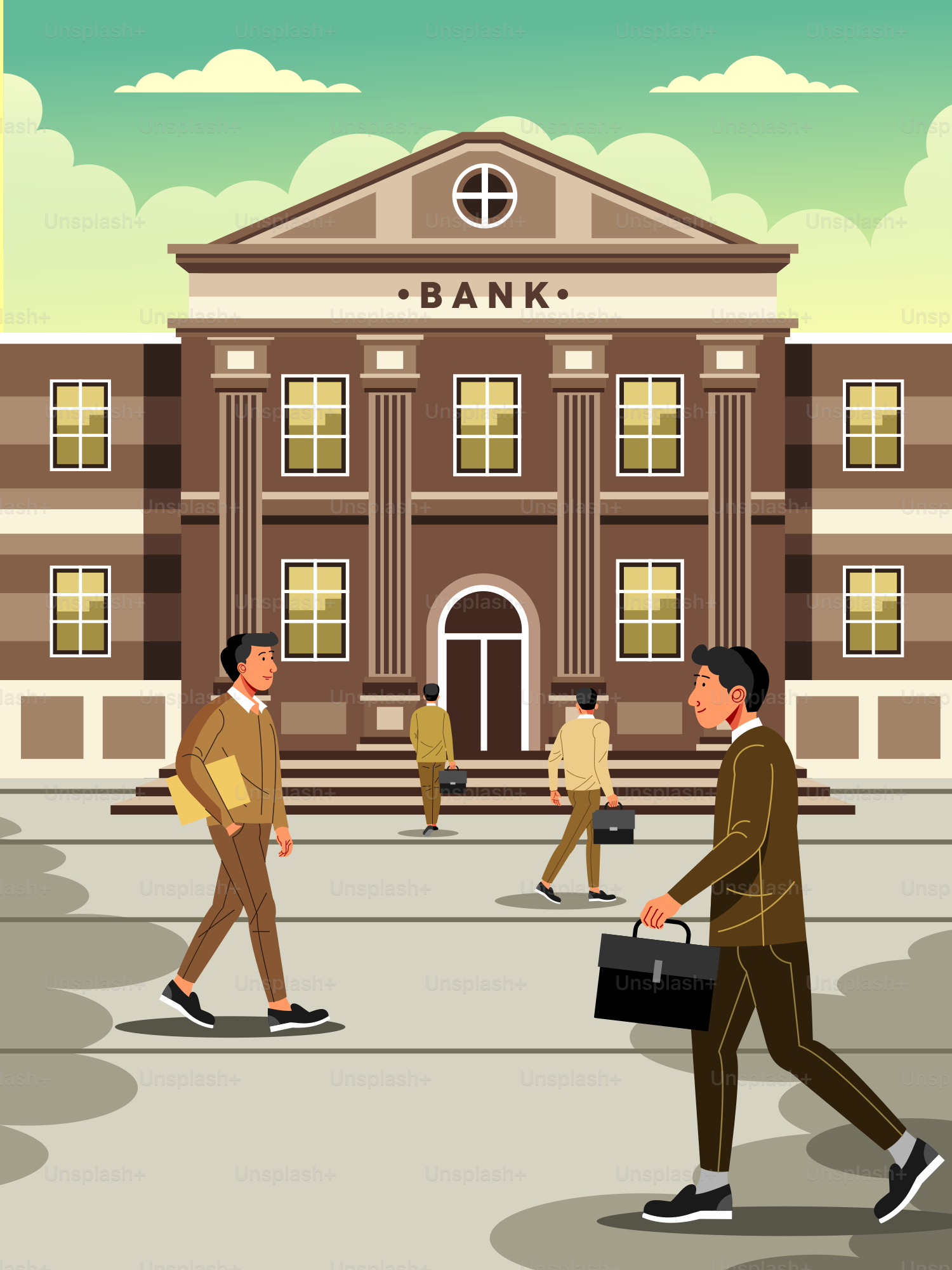 People walk towards a classical bank building entrance.