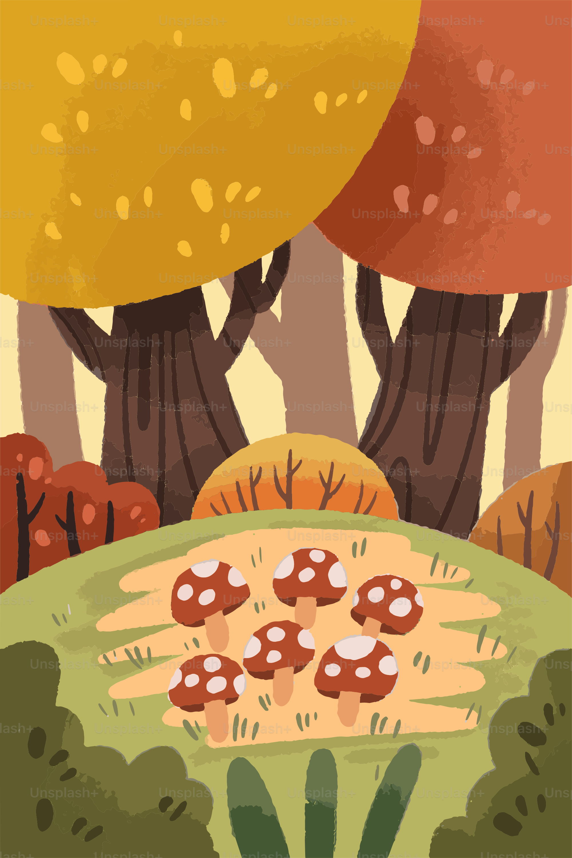 Mushrooms growing on a grassy hill under autumn trees.