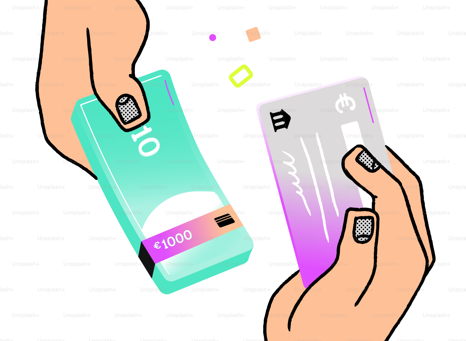 Hands exchanging money for a credit card