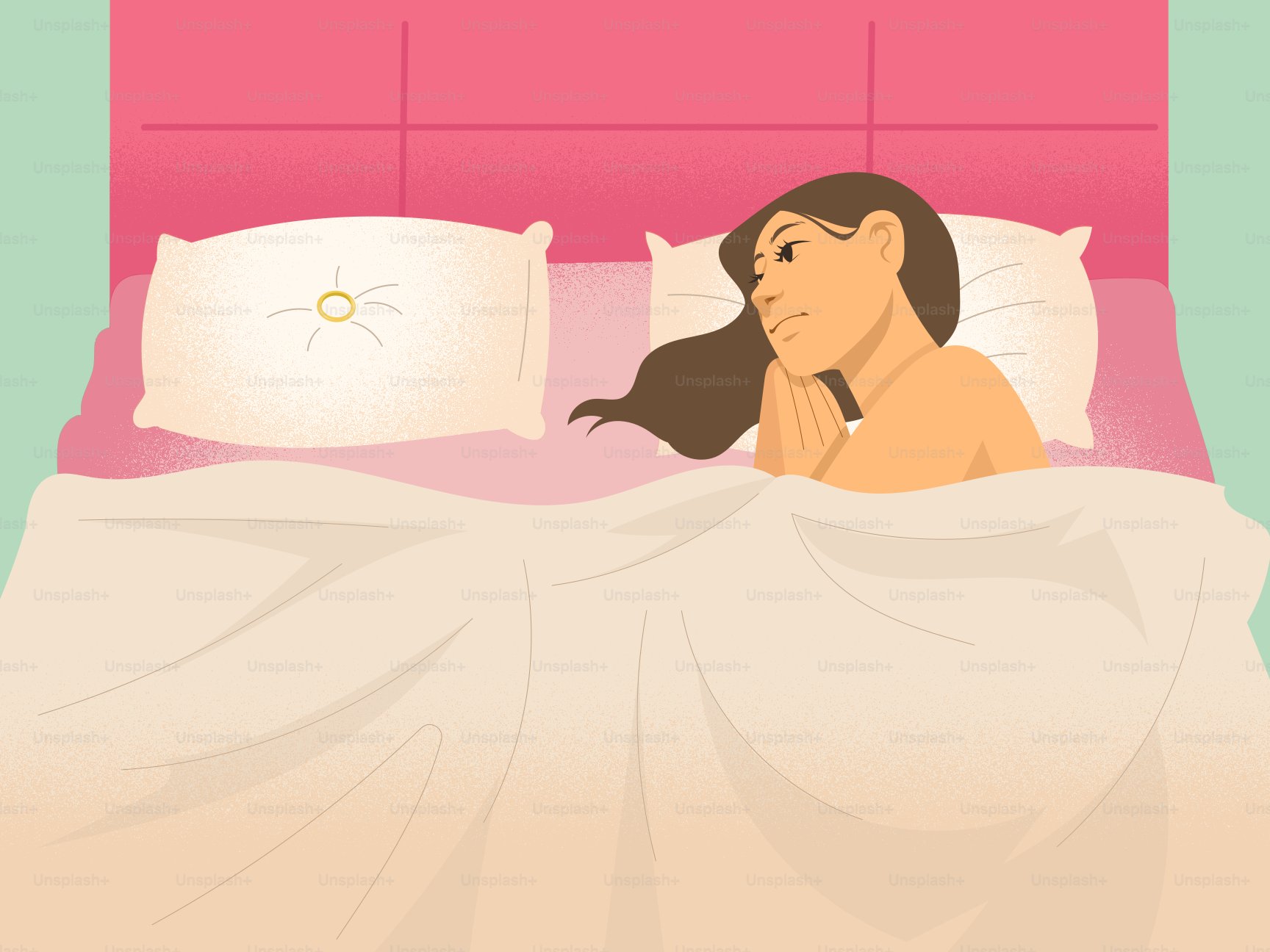 Uma mulher está acordada na cama, parecendo pensativa.