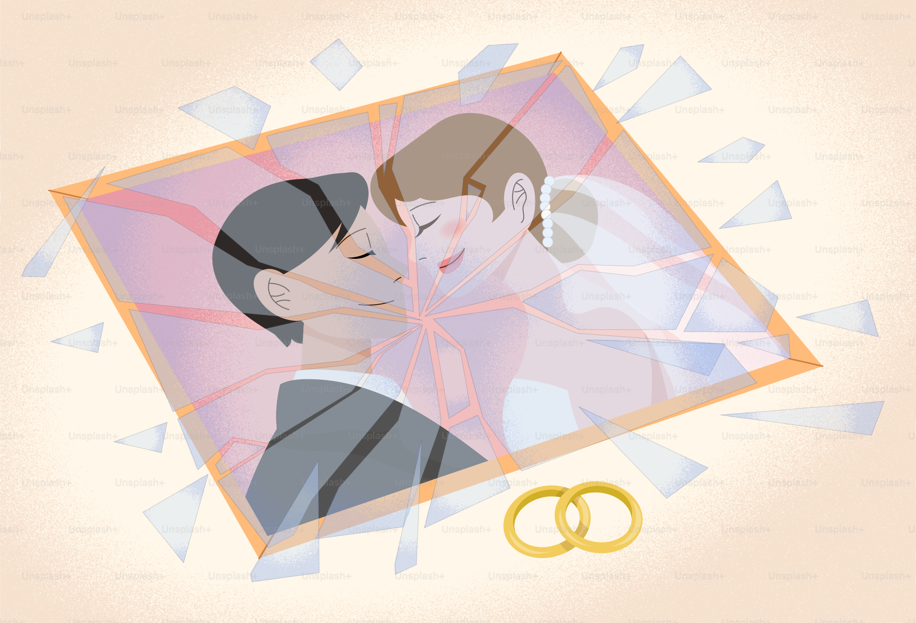 ひびの入ったガラスの向こうで結婚式の衣装を着てキスするカップル