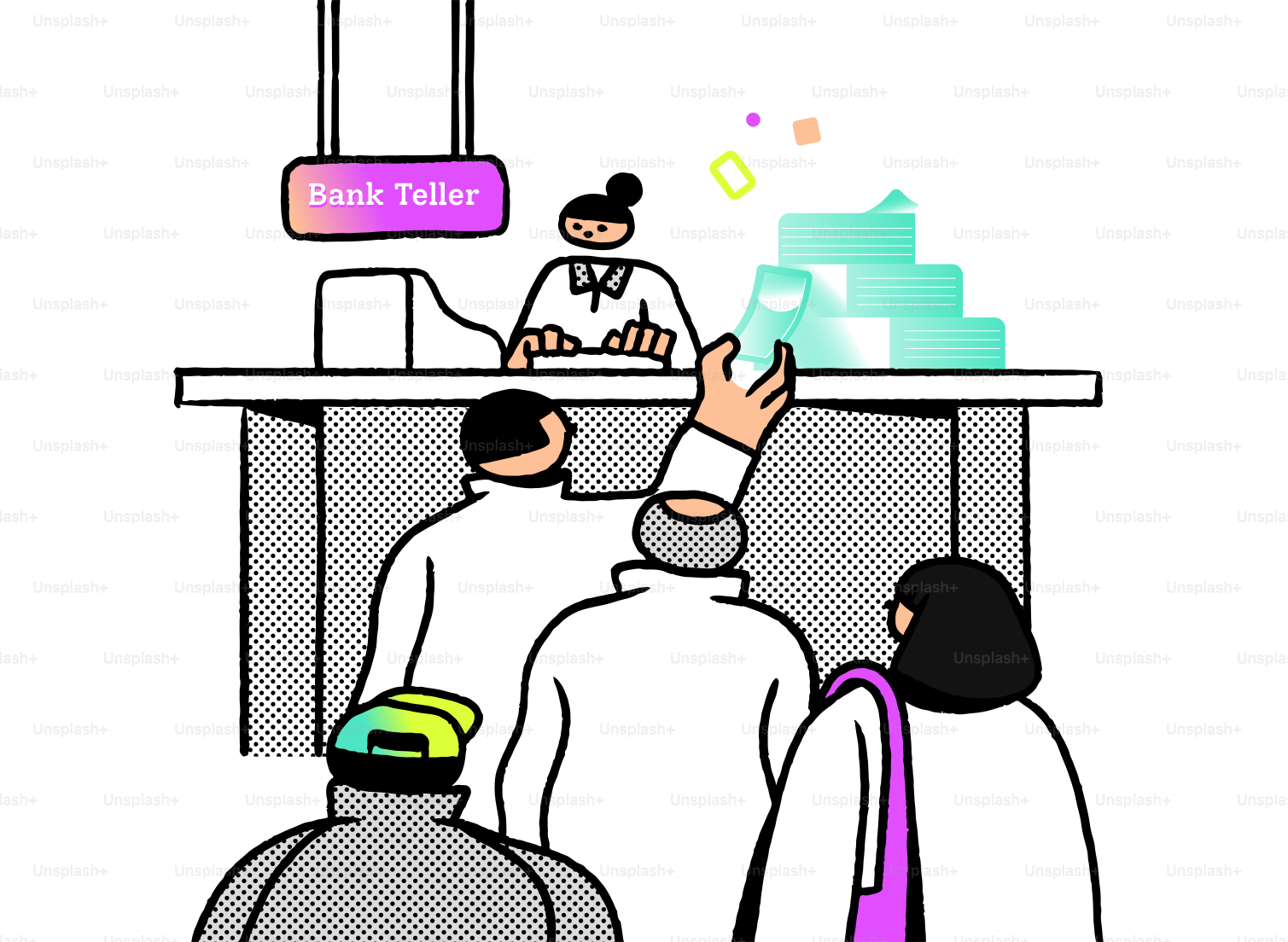 People at a bank teller counter receiving money.