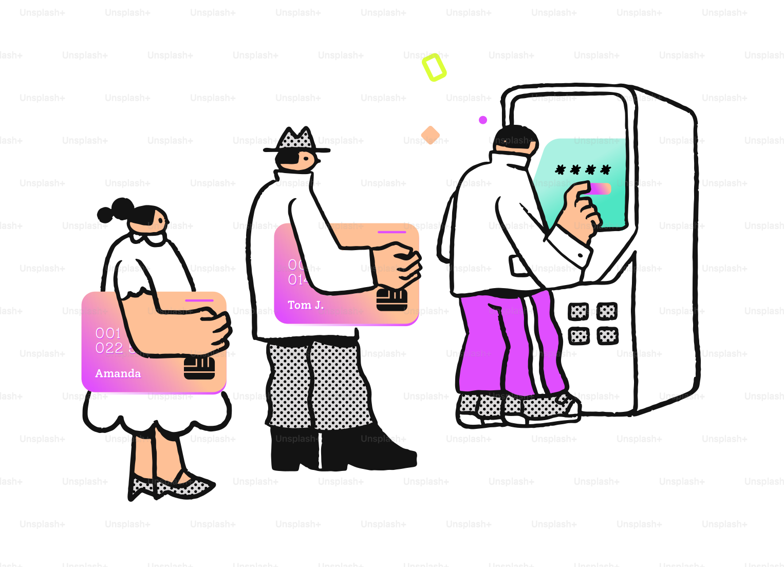 People in line using an atm with credit cards