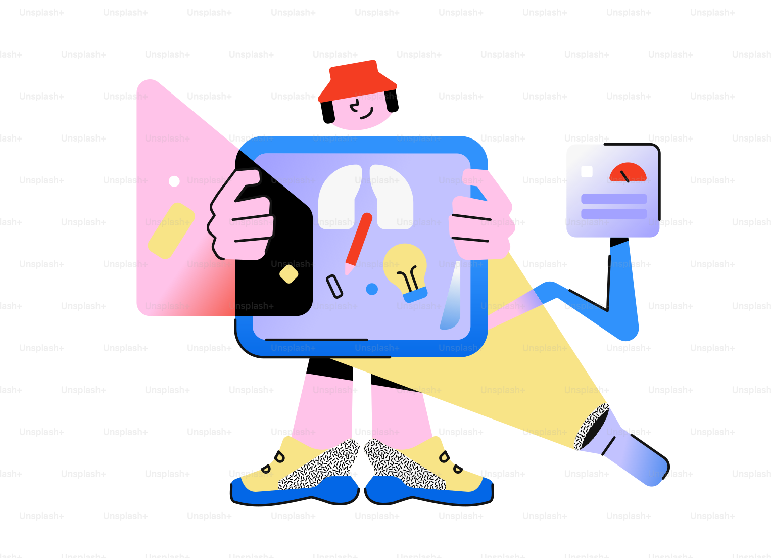 Character holding a tablet with lungs and lightbulb.