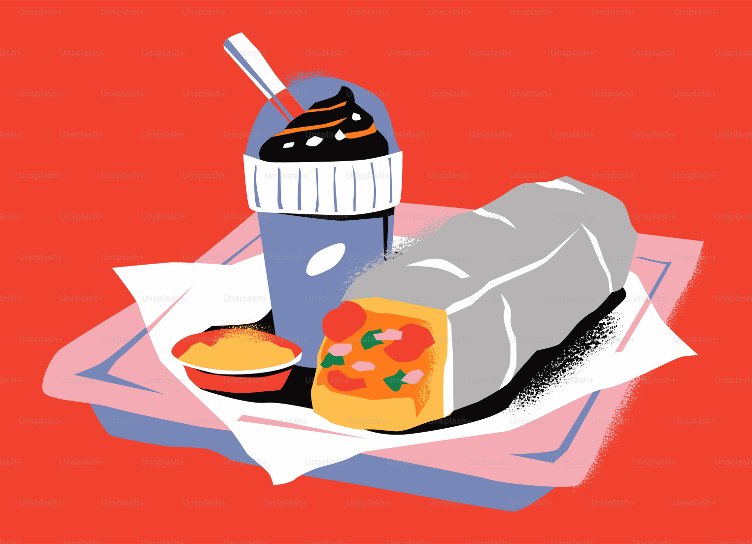 Burrito, drink, and dipping sauce on tray