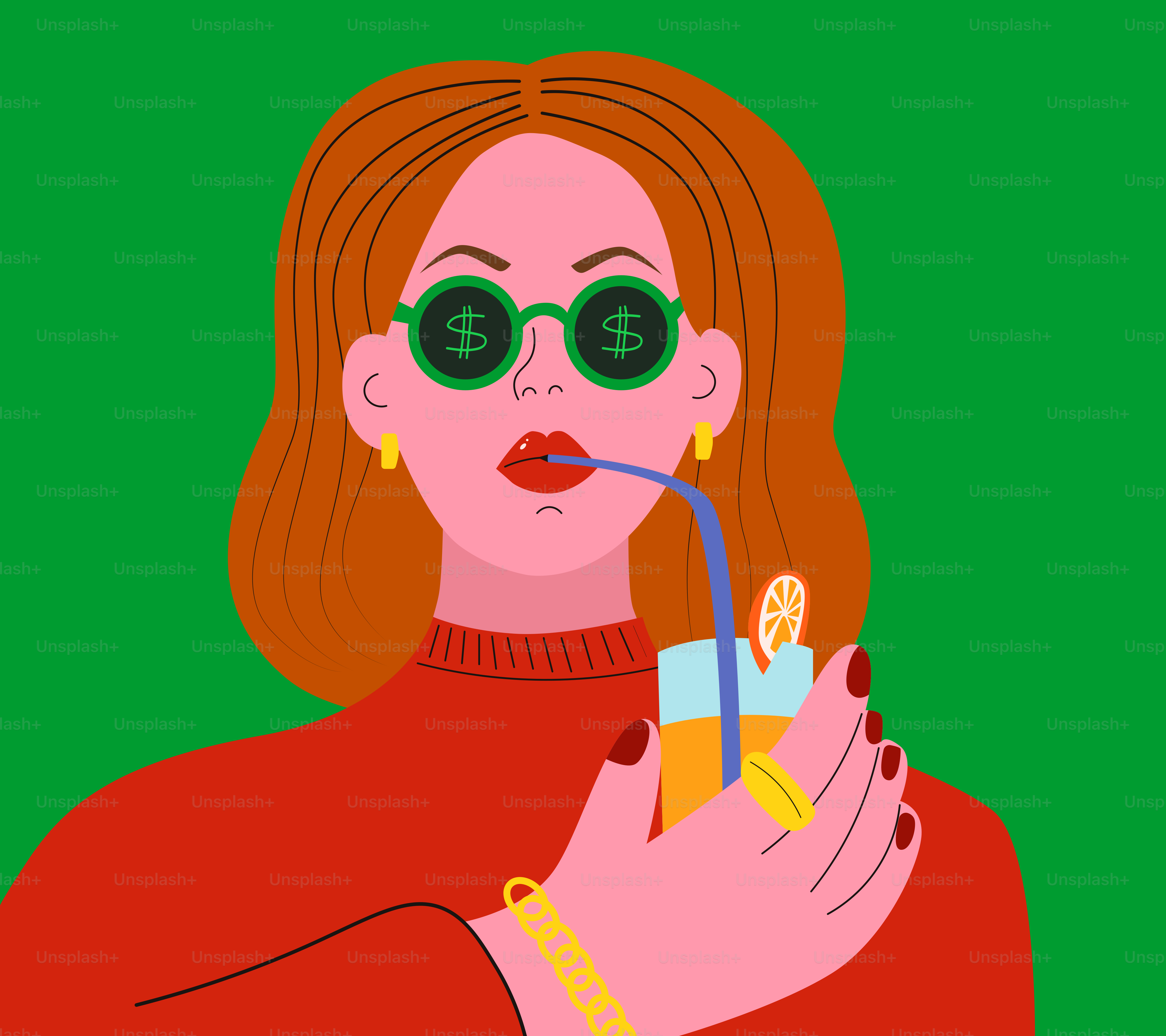Woman wearing dollar sign sunglasses drinks juice