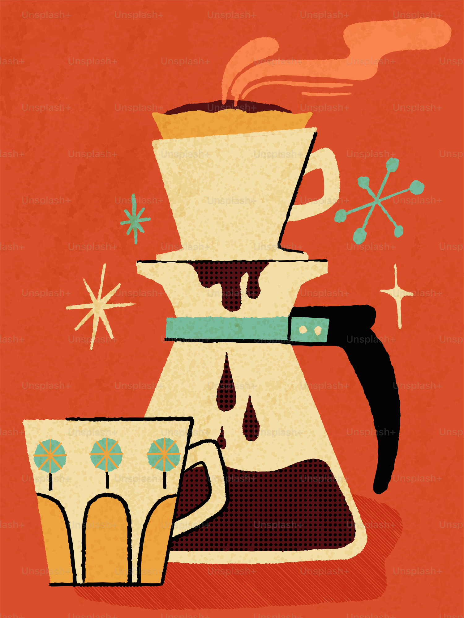 Retro pour-over coffee maker with a patterned mug.